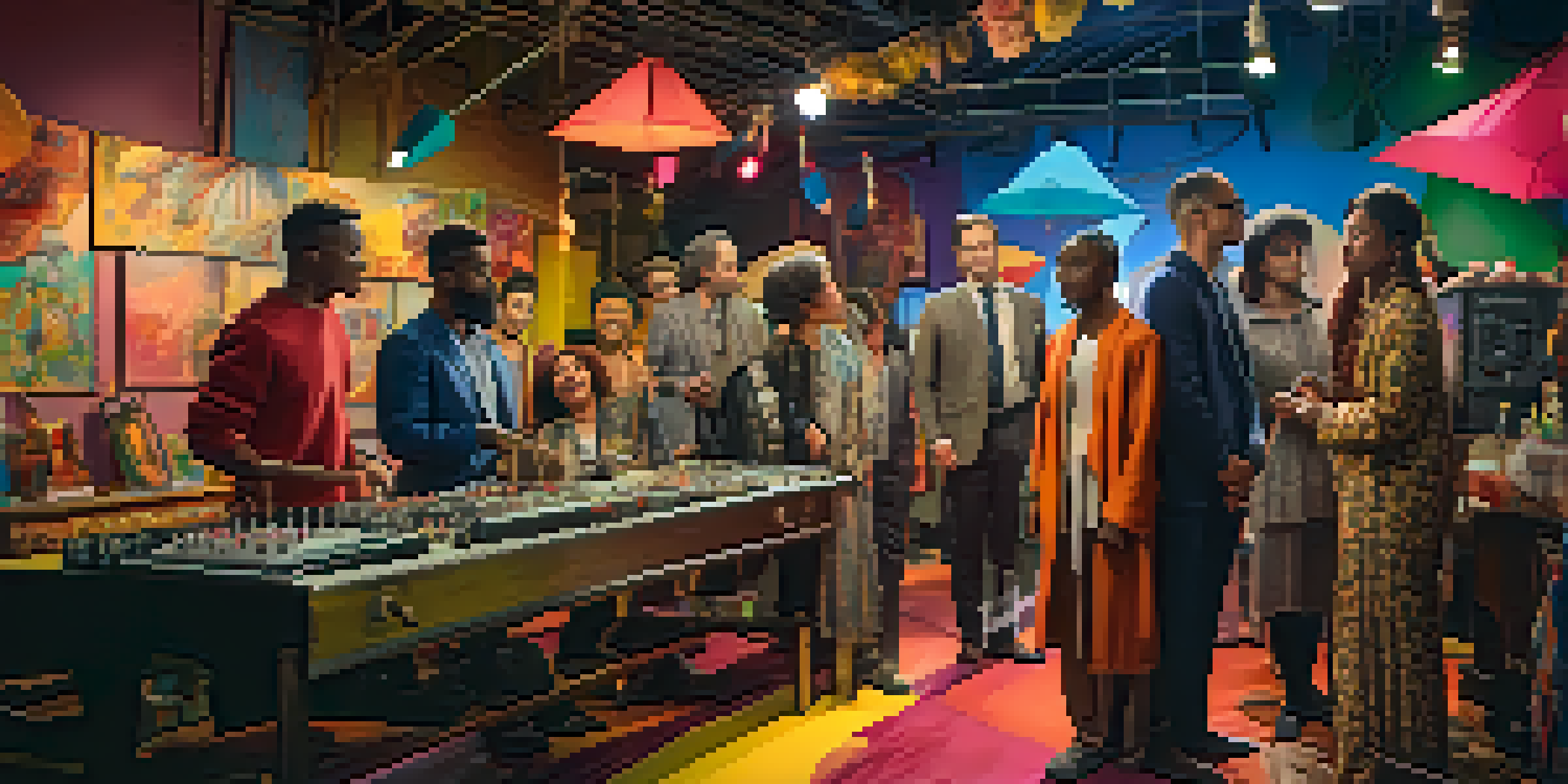 A film set with diverse actors and colorful props, illuminated with bright lighting.