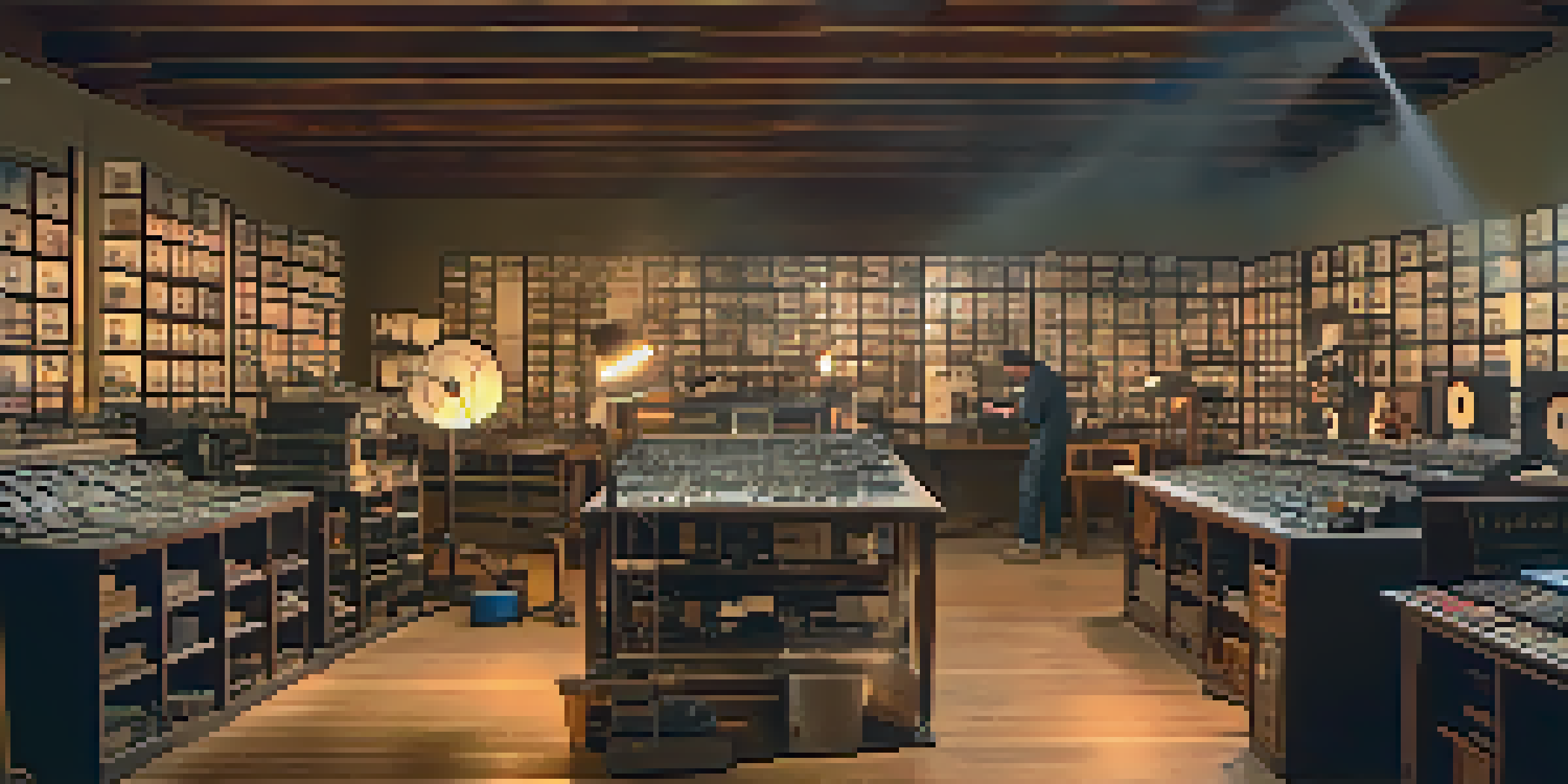 A vintage film restoration workshop with a technician working on a projector surrounded by old film reels and restoration tools.