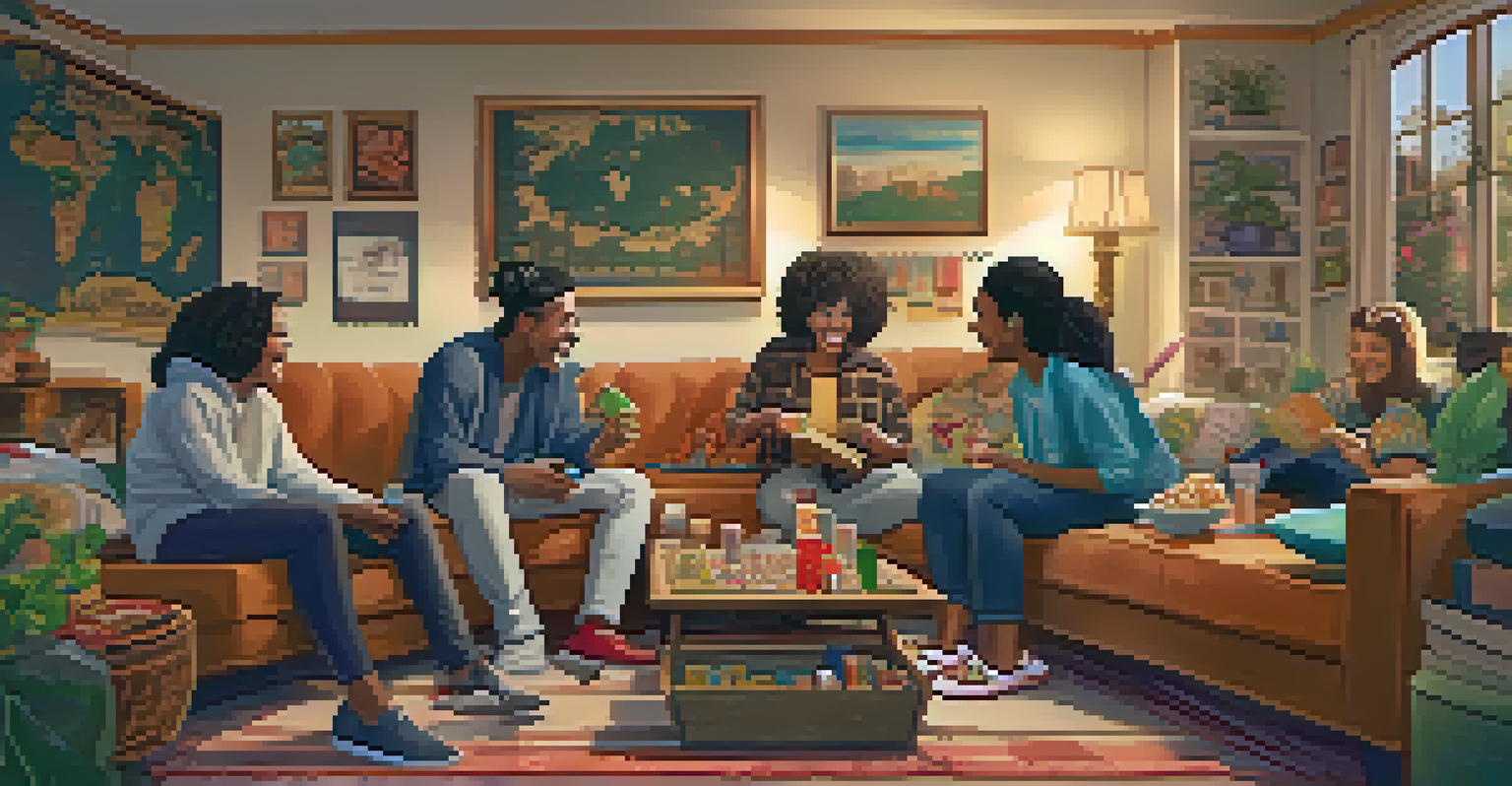 A cozy living room with a diverse group of friends playing games and sharing snacks from different cultures.
