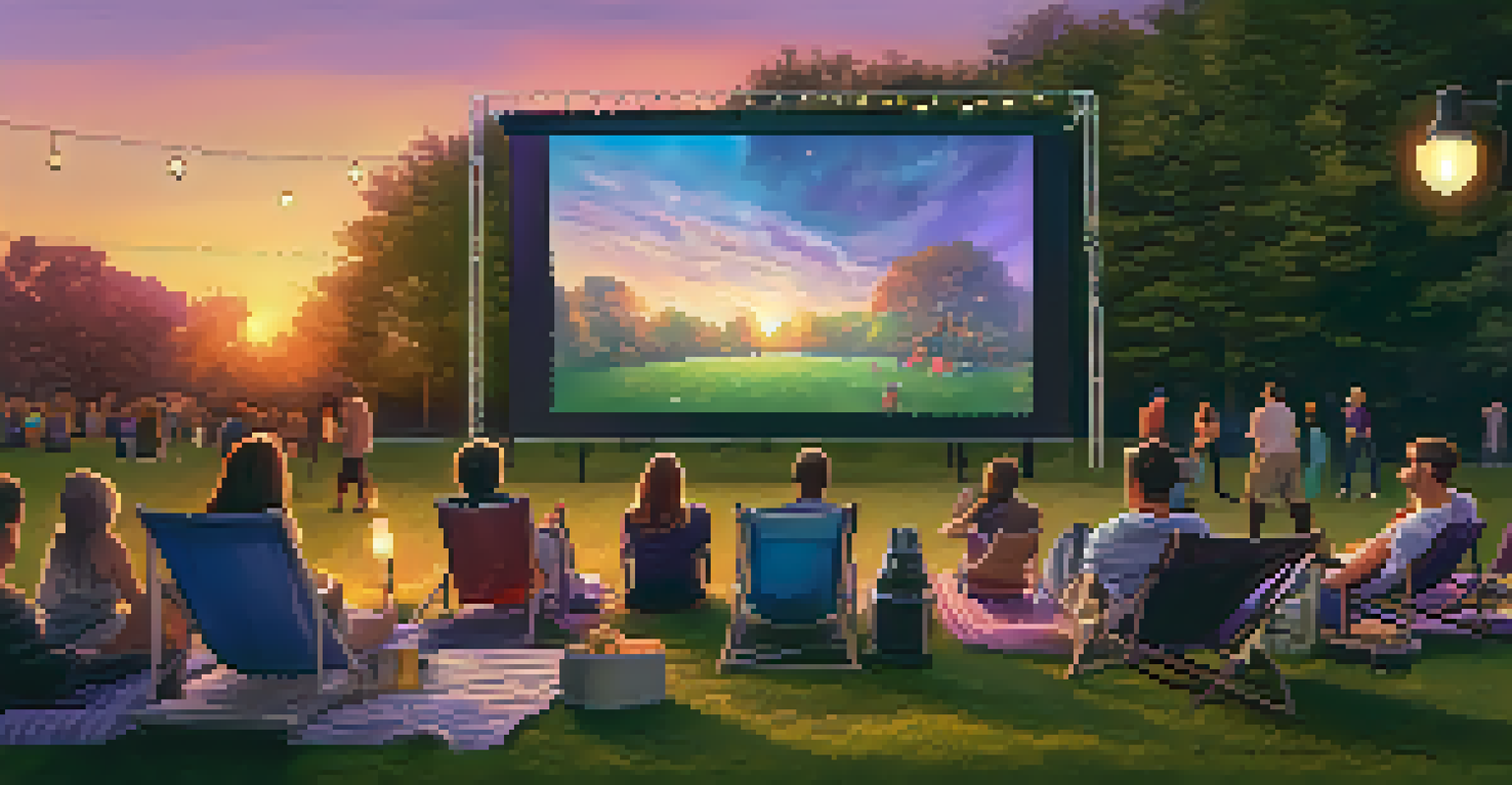 An outdoor cinema in a park at sunset, with people enjoying a film on a large screen surrounded by lights.