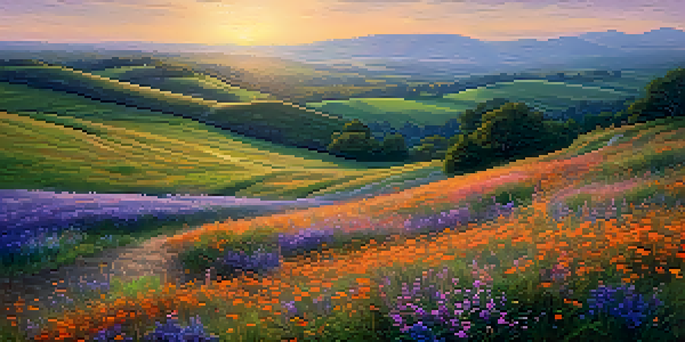 A beautiful landscape during golden hour with rolling hills, wildflowers in the foreground, and a colorful sky.