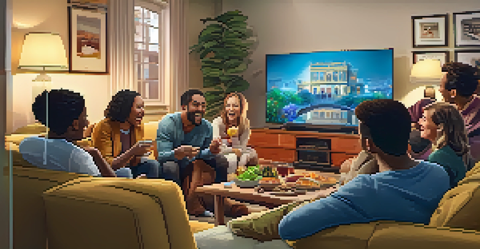 A diverse group of friends in a cozy living room engaged with an interactive storytelling experience on a large TV.