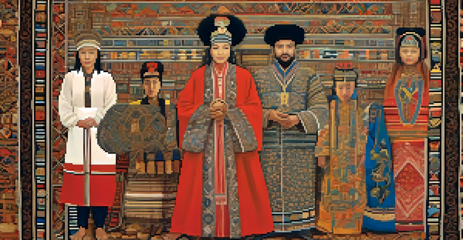 A colorful tapestry illustrating various cultural identities through traditional clothing and symbols, set against a warm background.