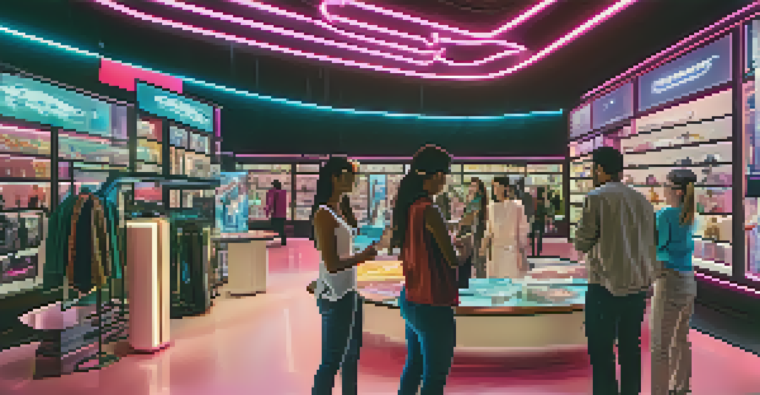 A futuristic virtual reality shopping experience with fans interacting with movie merchandise and digital displays.
