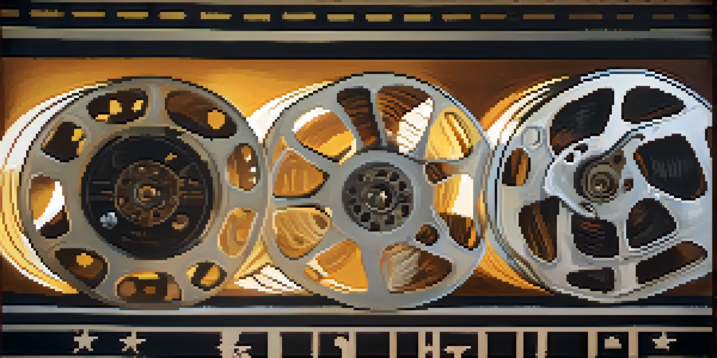 A film reel with scenes from classic crime films projected onto a vintage cinema screen, illuminated by soft golden light.
