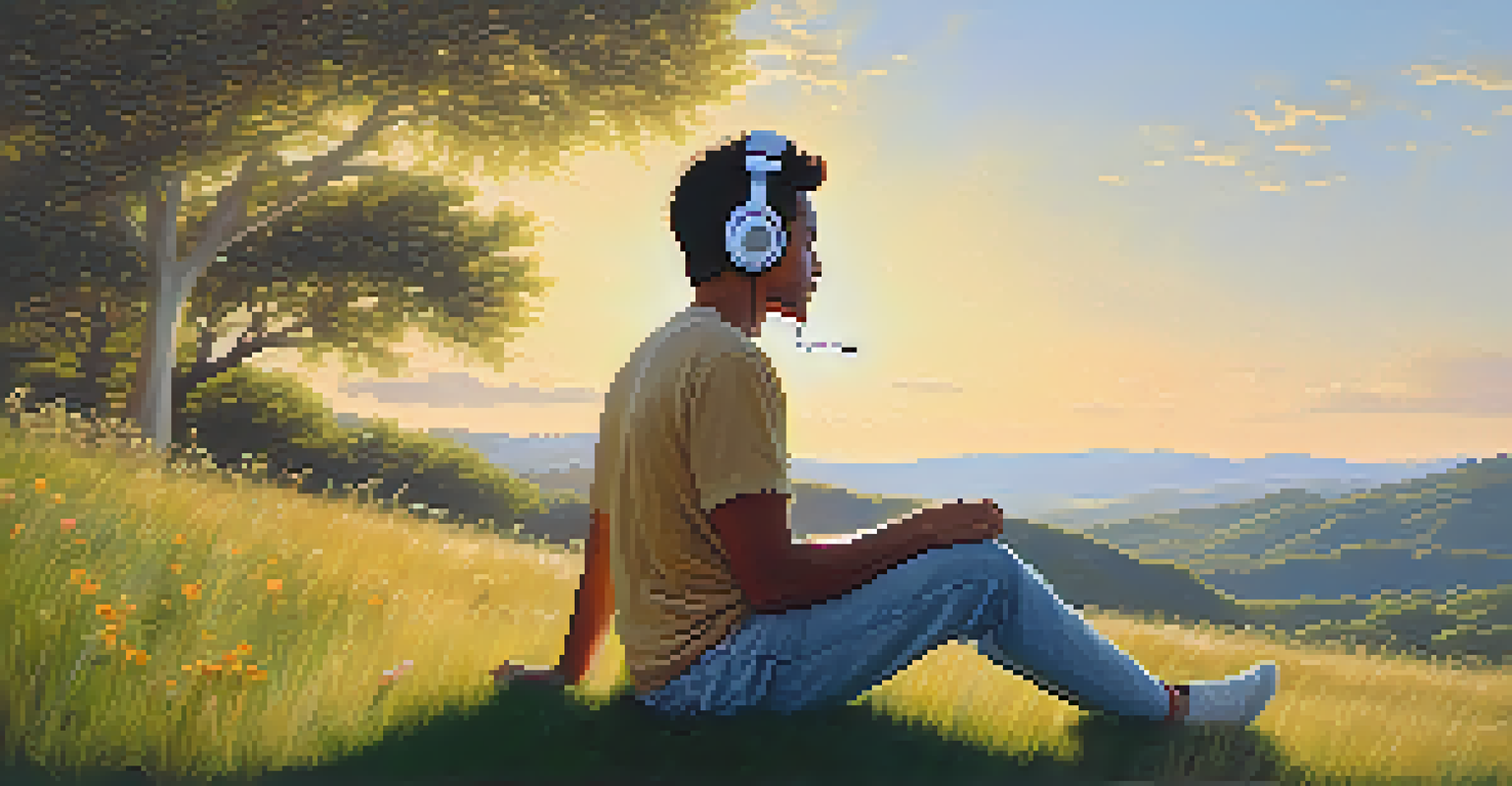 A person sitting on a grassy hill, wearing headphones and enjoying music, surrounded by nature in golden sunlight.
