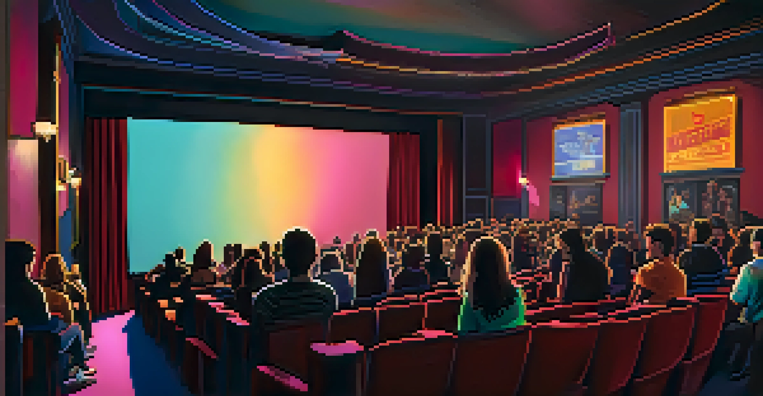 An independent film screening in a cozy theater with an engaged audience and vibrant scenes on the screen.