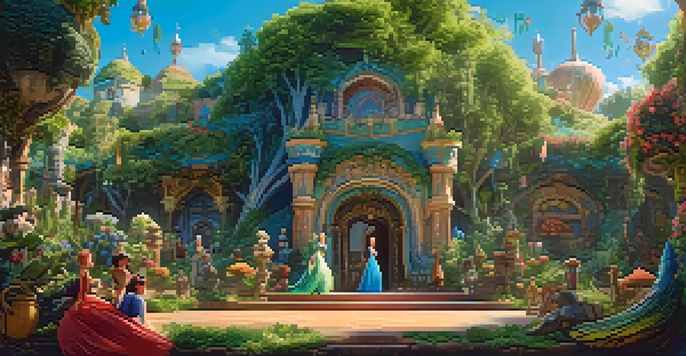 A vibrant fantasy film set with lush greenery, colorful flowers, and ornate structures under a bright blue sky, illuminated by soft sunlight.