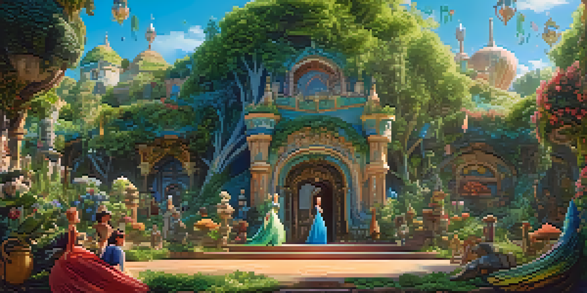 A vibrant fantasy film set with lush greenery, colorful flowers, and ornate structures under a bright blue sky, illuminated by soft sunlight.