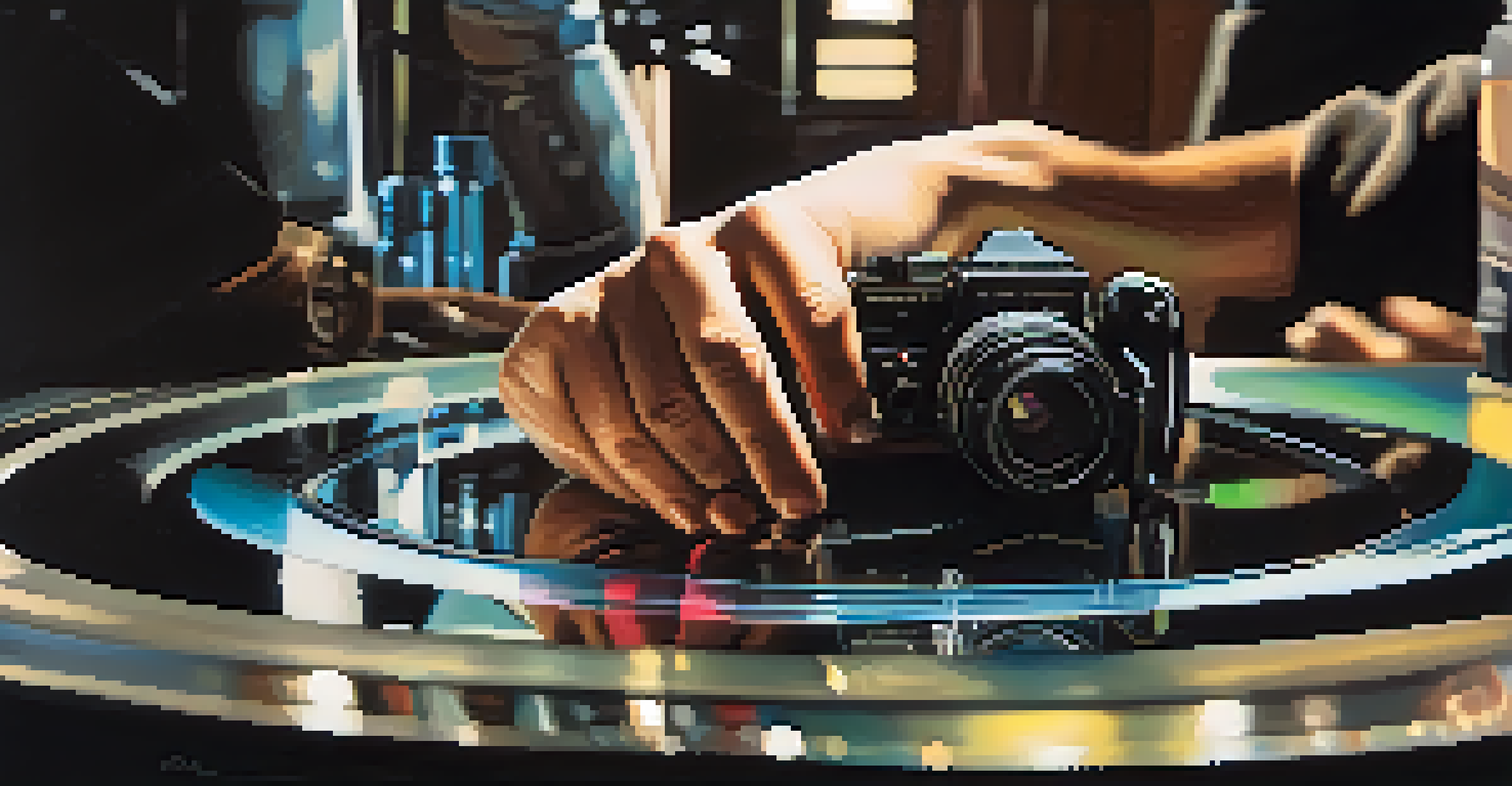 A close-up of a director's hands adjusting a camera lens, with vibrant film scenes reflected on it, set against a blurred film set background.