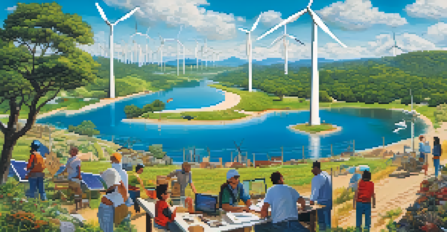 A collage showing renewable energy sources like wind turbines and solar panels, with people planting trees and cleaning a beach in the foreground.