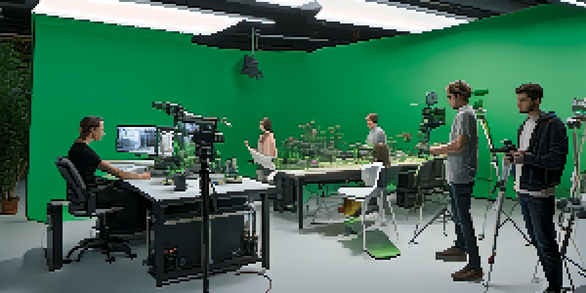 A film set showcasing VFX artists working on computers with a miniature cityscape and green screen in the background.