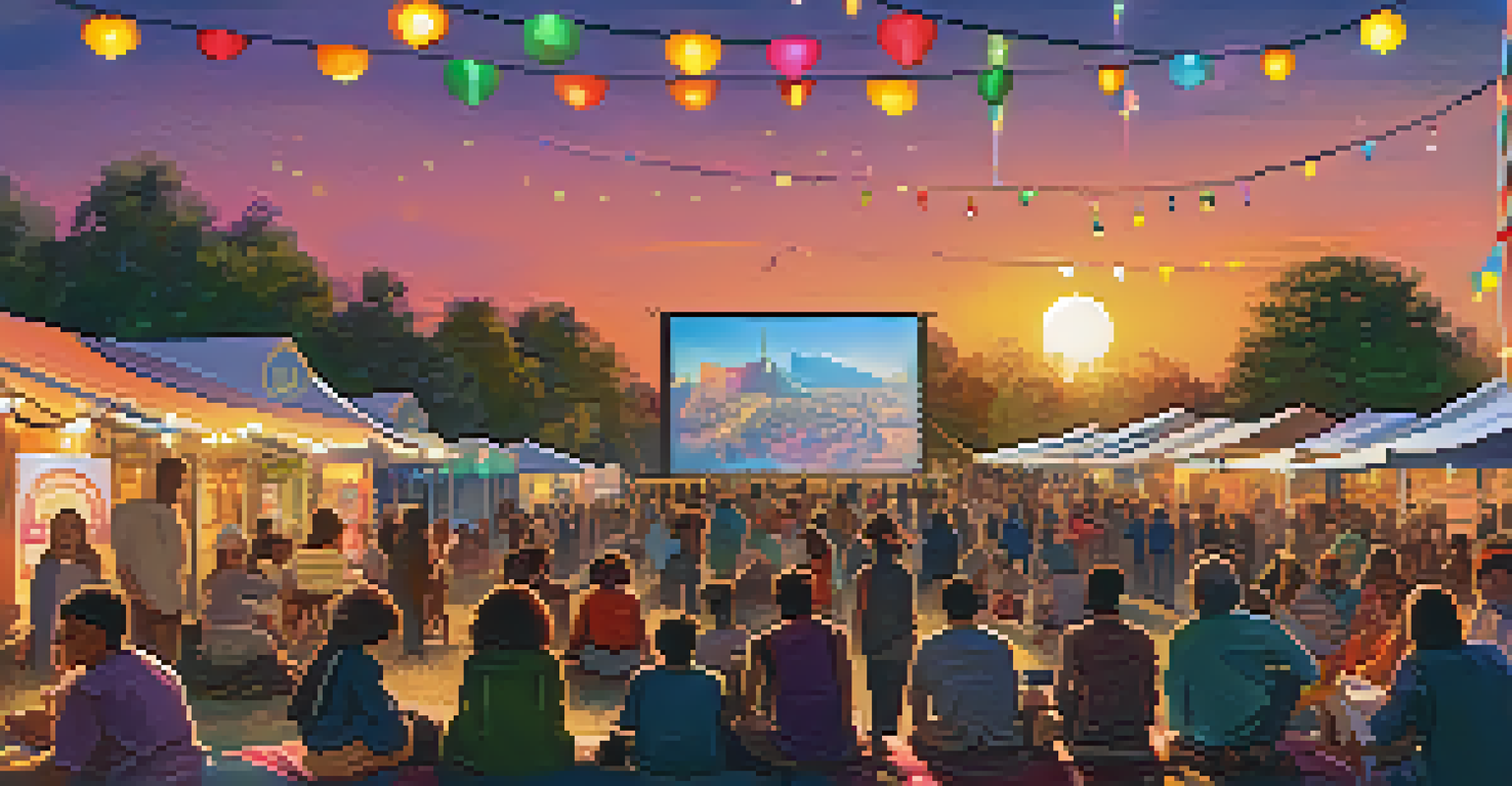 A lively outdoor film festival scene with a large screen showing a documentary, surrounded by diverse crowds enjoying the event.