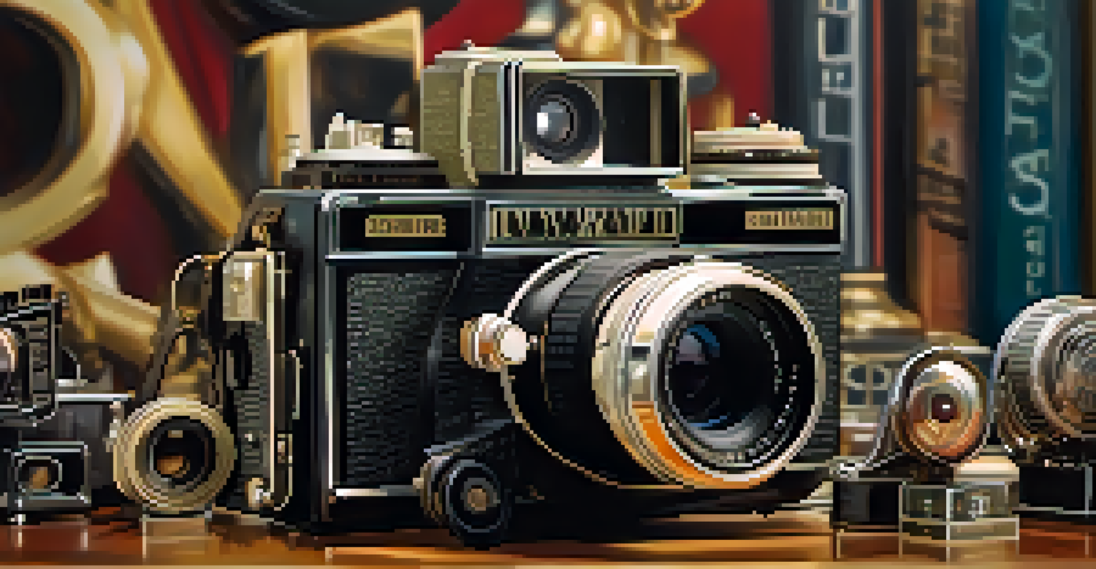 A vintage film camera with international film awards in the background, softly blurred with warm lighting for a nostalgic effect.