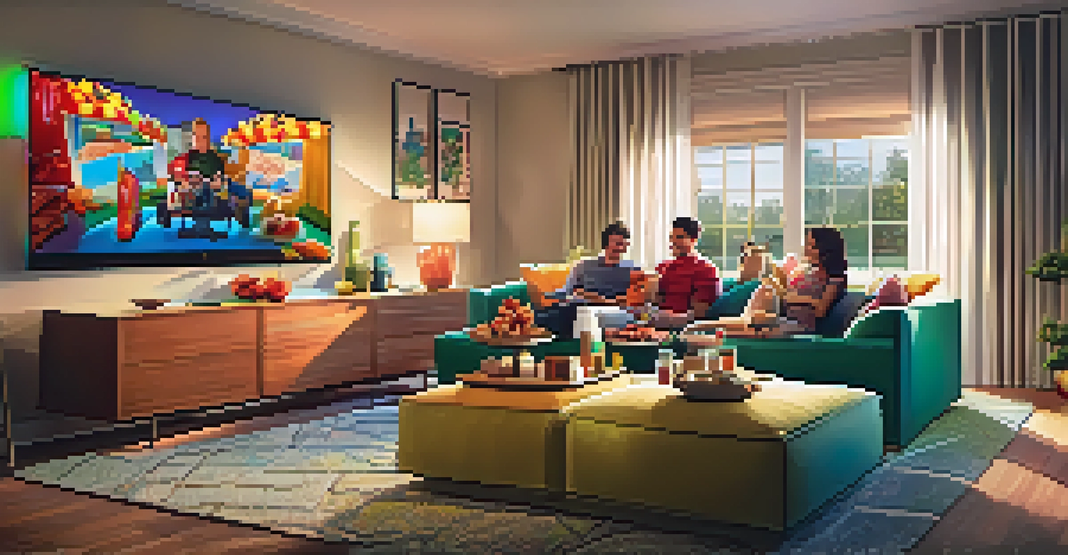 A cozy living room with a family watching a movie on a large screen, comfortable sofas, and snacks on the table.