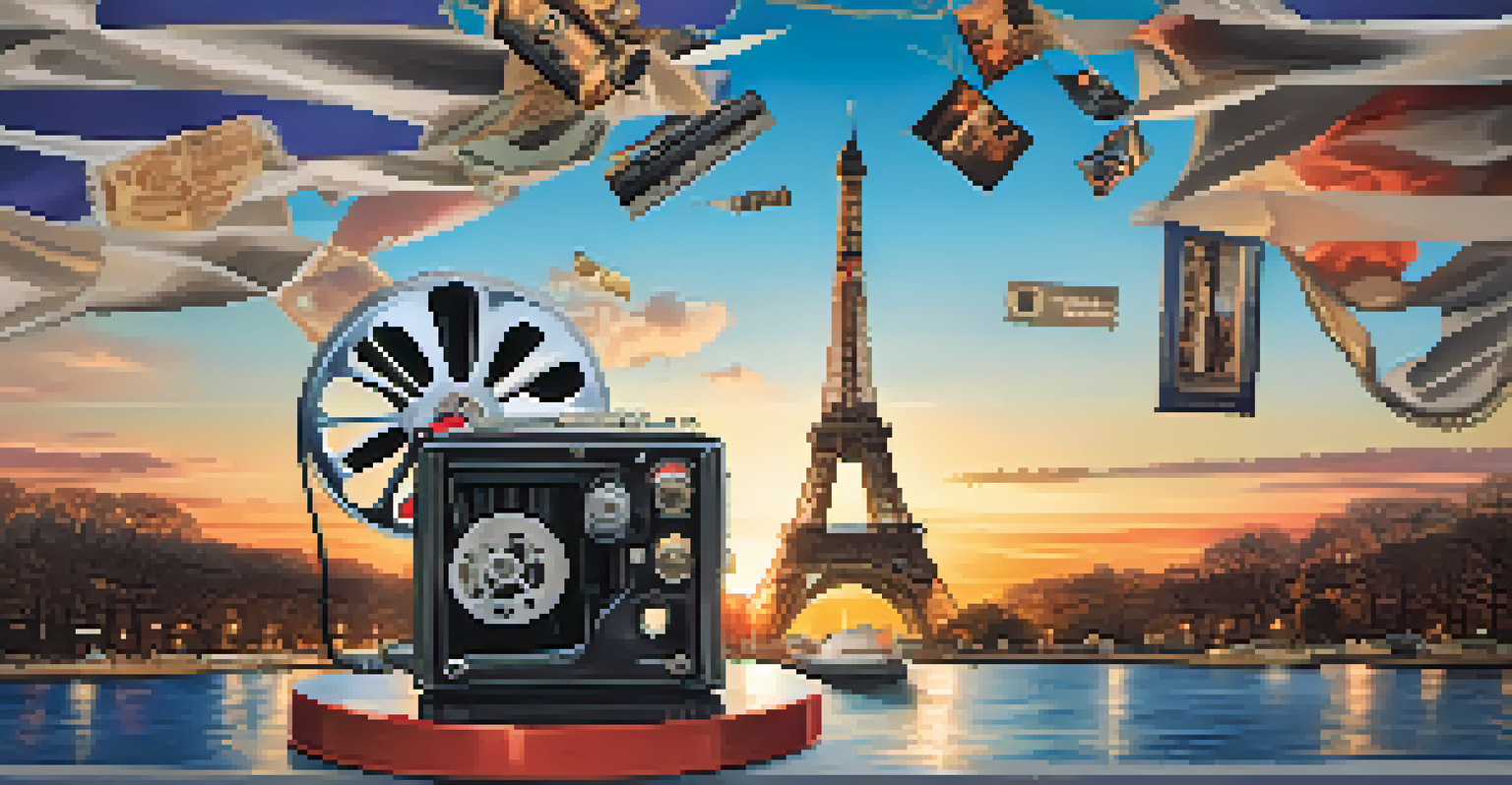 A film reel unwinding with famous global landmarks in the background during a colorful sunset.
