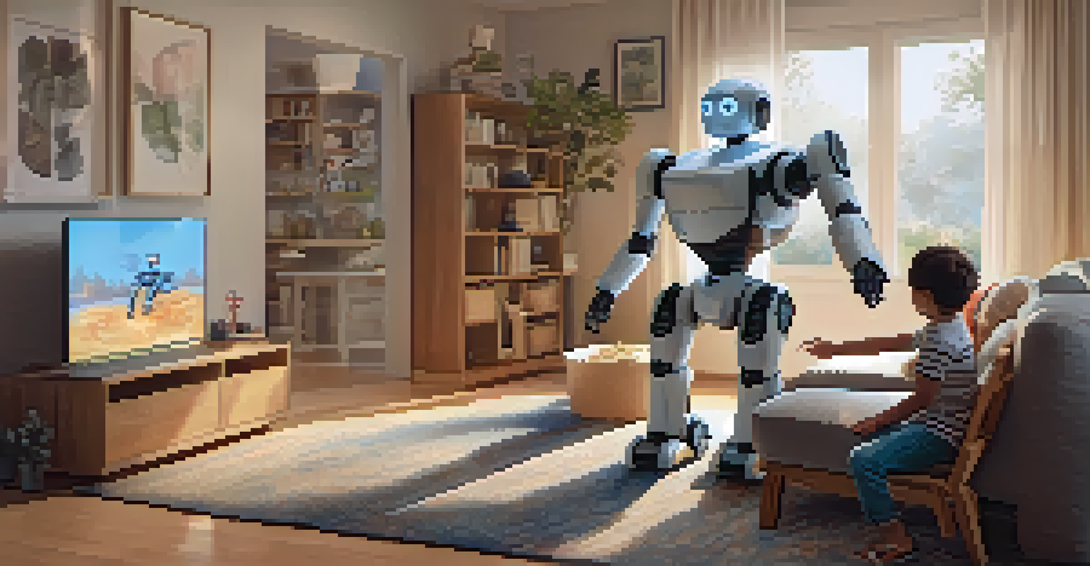 A child and a humanoid robot joyfully interacting in a warm and cozy living room filled with soft textures and inviting lighting.