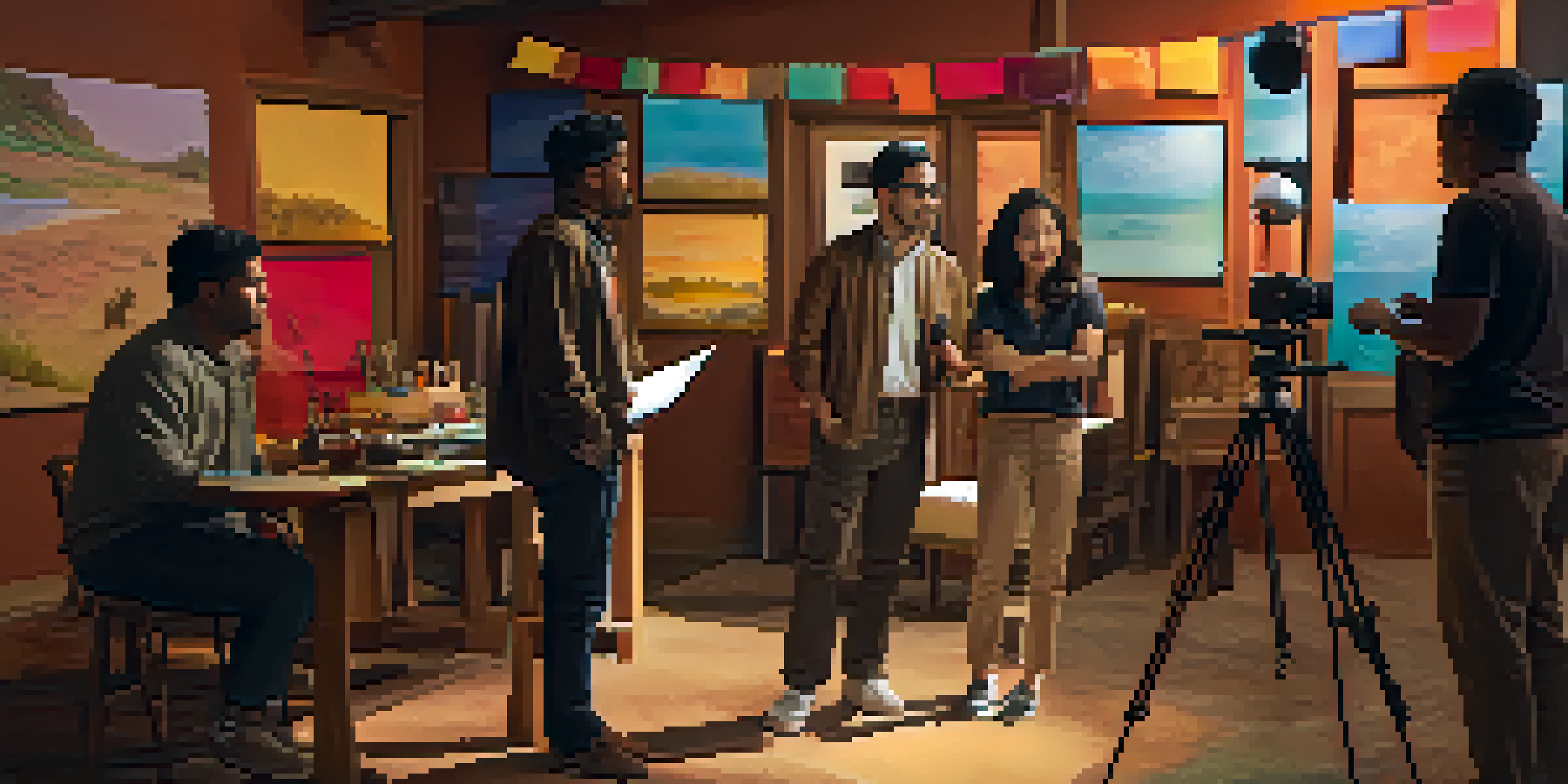 A diverse group of filmmakers working together on a film set, discussing a script and arranging props.