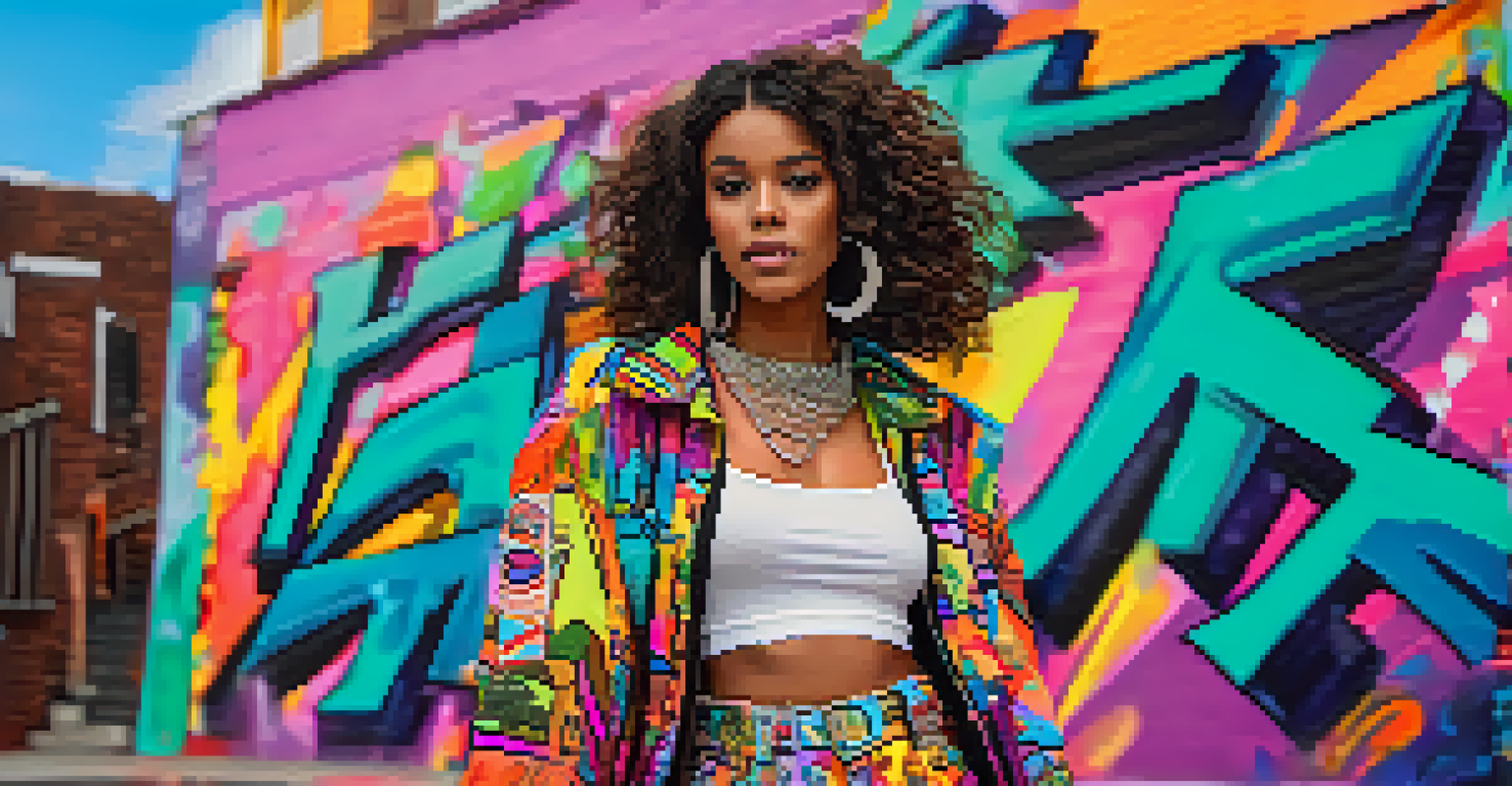 A young woman in a colorful outfit inspired by 'Euphoria', posing in an urban setting with graffiti and neon lights.