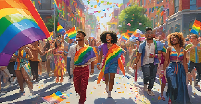 A lively pride parade with diverse LGBTQ+ individuals dressed in colorful outfits, surrounded by flags and confetti, set against a city skyline.