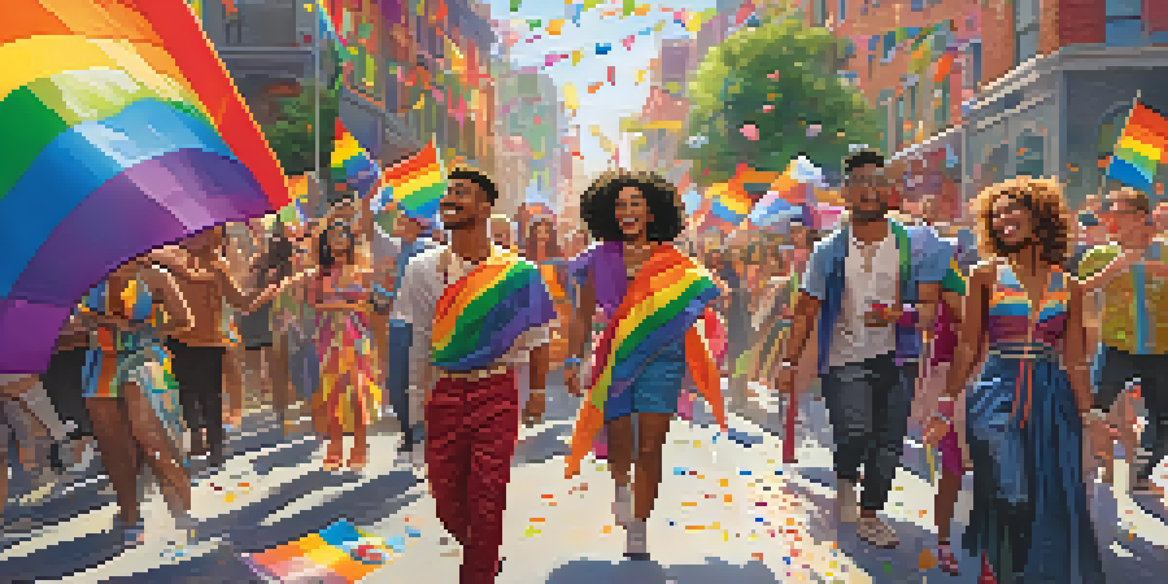 A lively pride parade with diverse LGBTQ+ individuals dressed in colorful outfits, surrounded by flags and confetti, set against a city skyline.