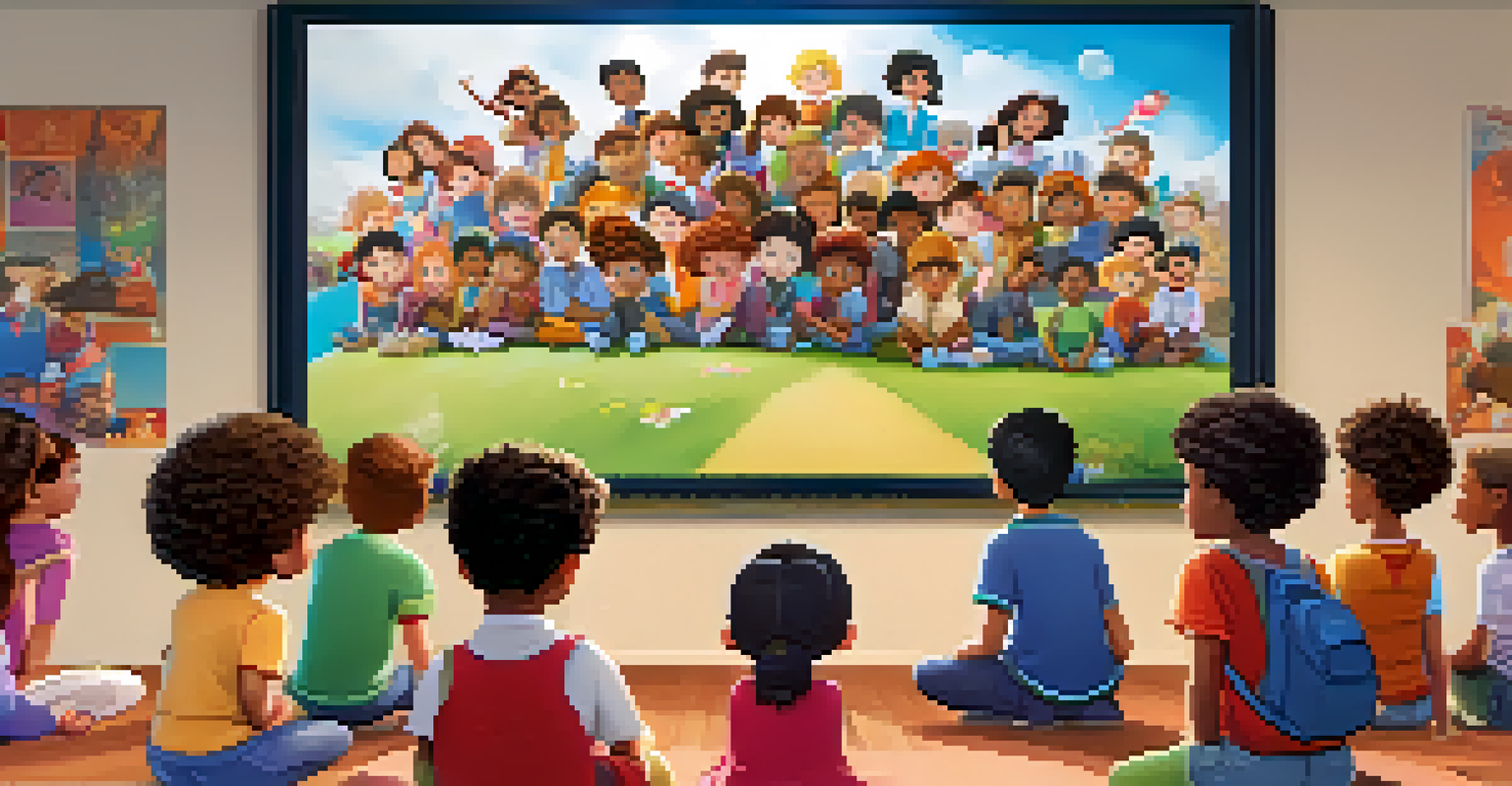 A group of diverse children watching animated characters on a large screen in a colorful classroom setting.