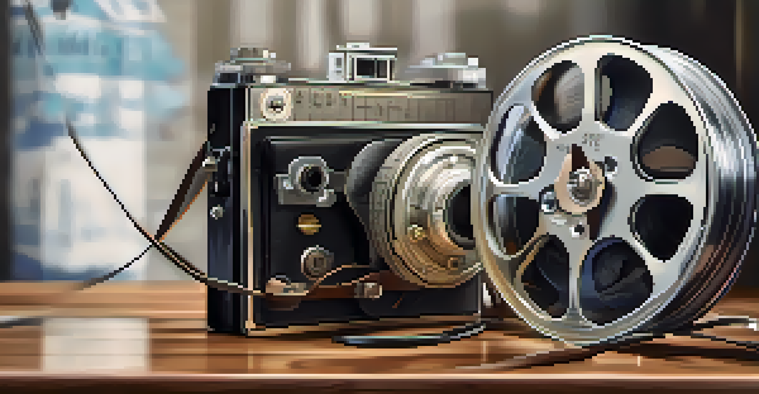 A vintage film reel next to a modern digital camera on a wooden table, representing the evolution of film distribution.