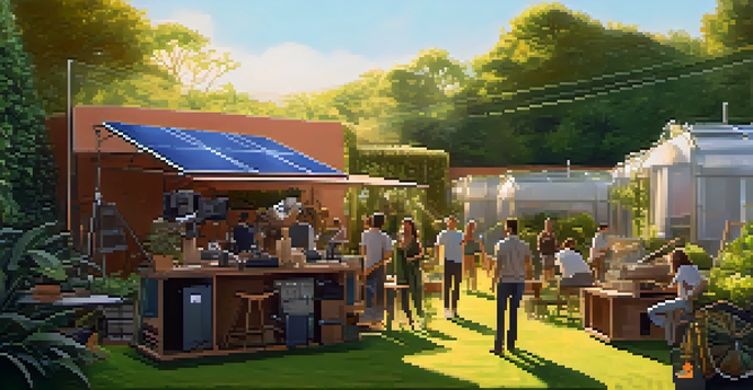 A film set with solar panels and a garden, illustrating eco-conscious filmmaking with crew members using digital cameras and recycling materials.