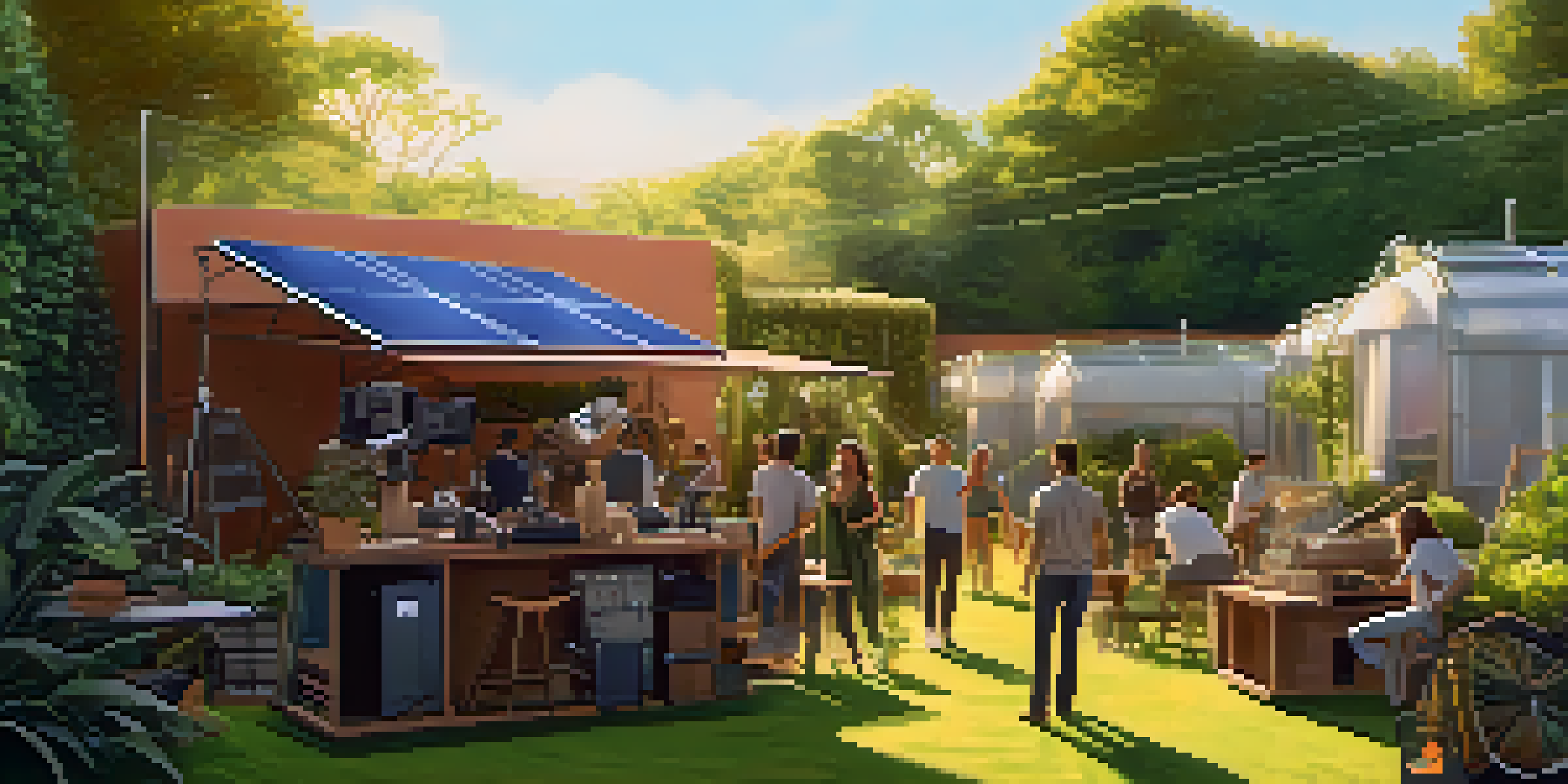 A film set with solar panels and a garden, illustrating eco-conscious filmmaking with crew members using digital cameras and recycling materials.