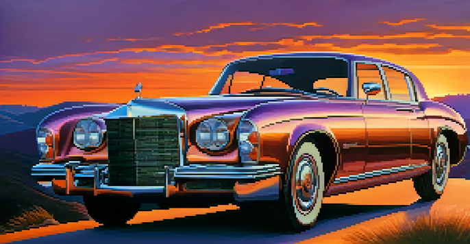 A luxurious car parked on a scenic overlook at sunset, with beautiful colors in the sky and hills in the background.