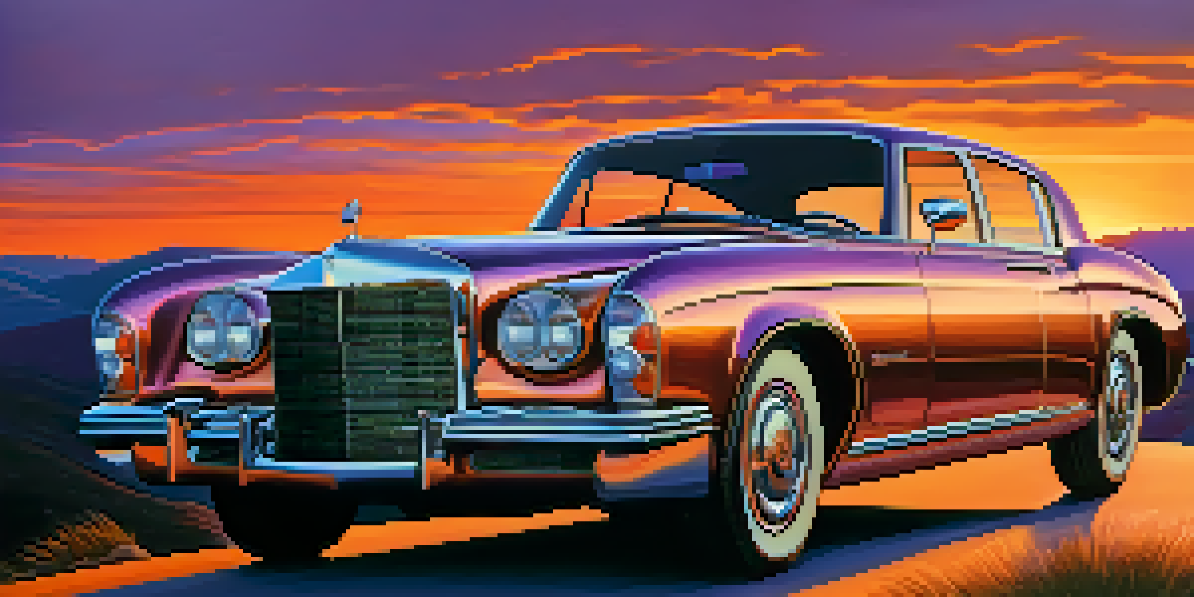 A luxurious car parked on a scenic overlook at sunset, with beautiful colors in the sky and hills in the background.