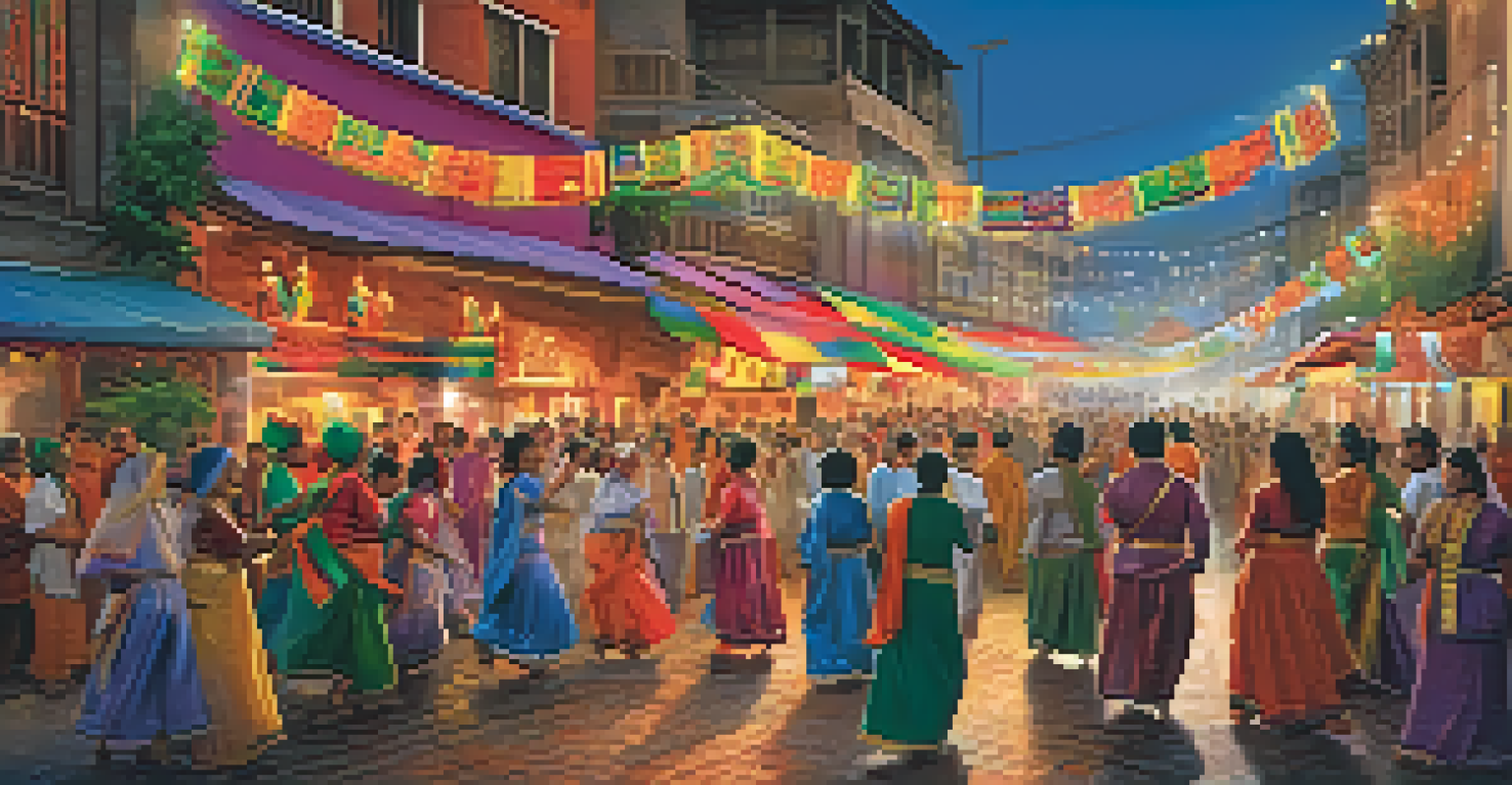 A cultural festival with people in traditional attire celebrating through dance and music, surrounded by colorful decorations.