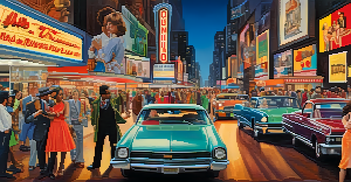 A colorful film set from the 1970s with diverse actors in vintage costumes, vintage film cameras, and bright lights.