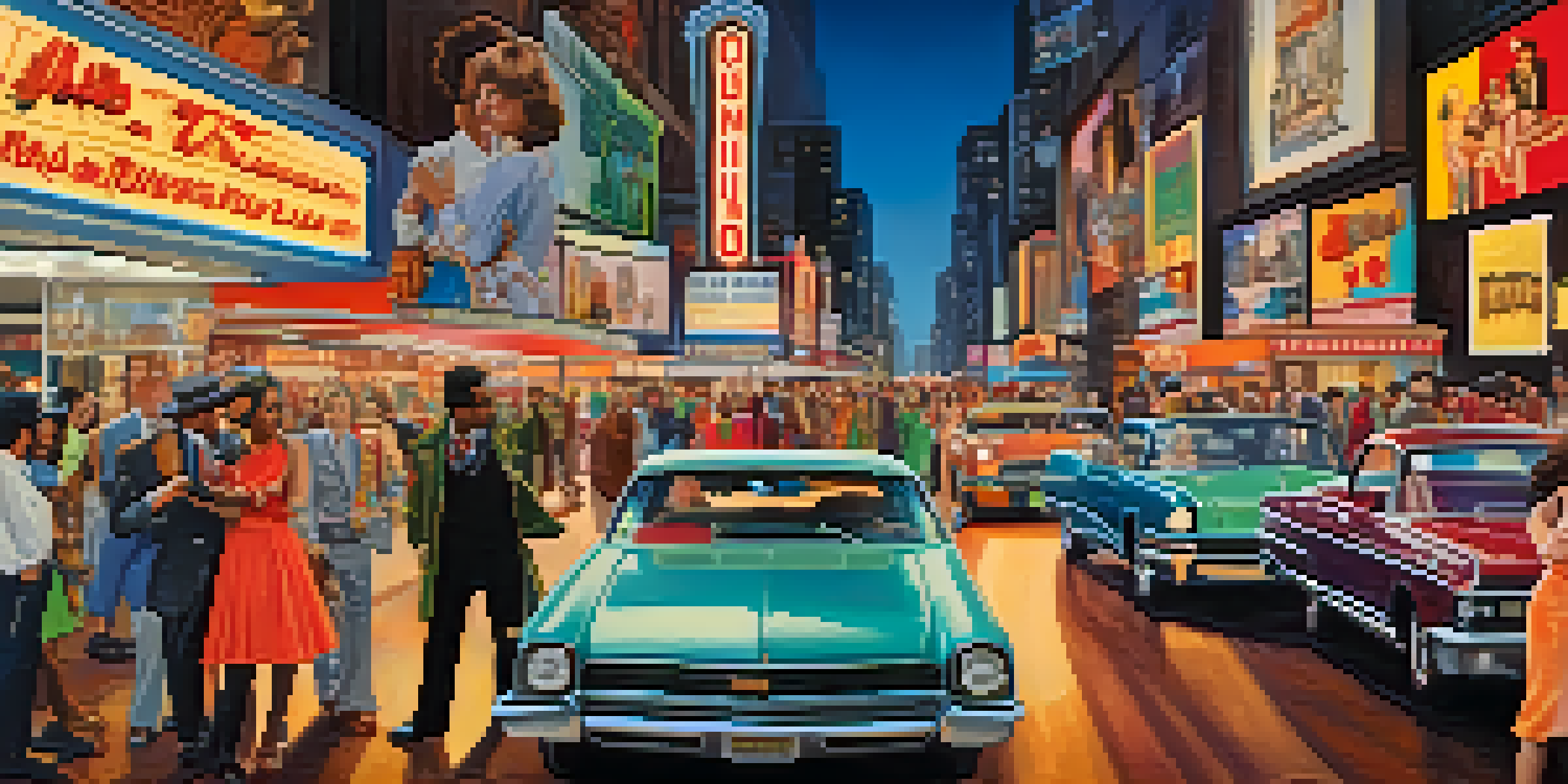 A colorful film set from the 1970s with diverse actors in vintage costumes, vintage film cameras, and bright lights.