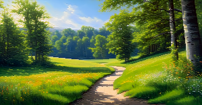A picturesque meadow with a winding path, wildflowers, and a forest in the background under a clear blue sky.