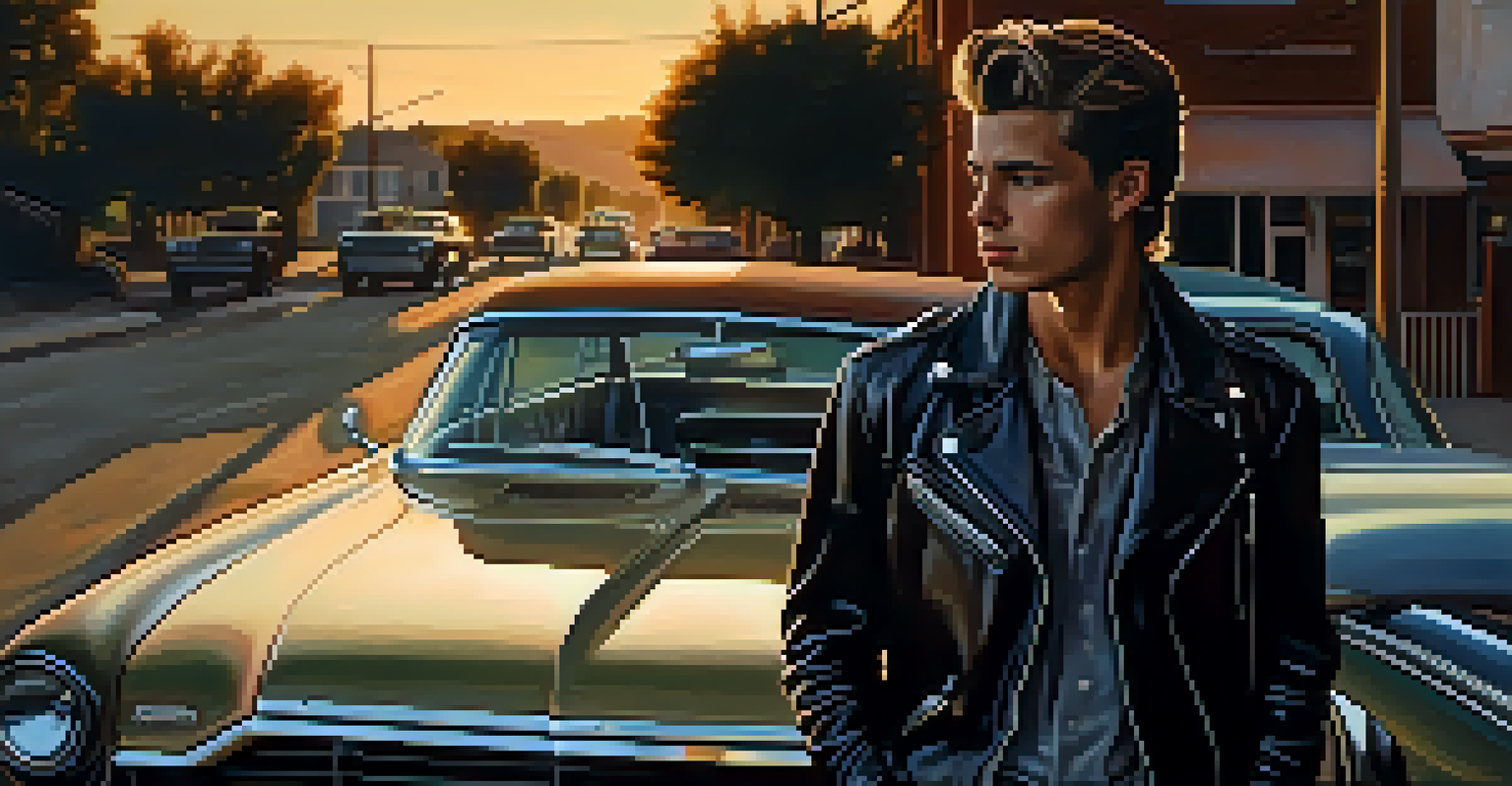 A young man in a leather jacket leaning against a vintage car on a deserted street at dusk.