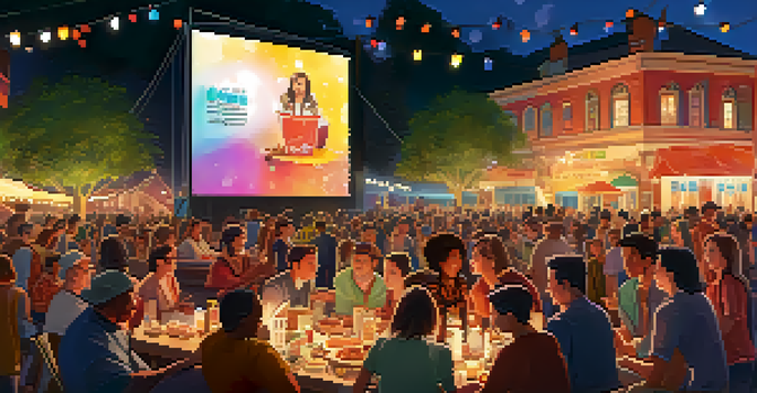 A lively film festival at dusk with a diverse crowd watching an outdoor film screening surrounded by colorful lights and food stalls.