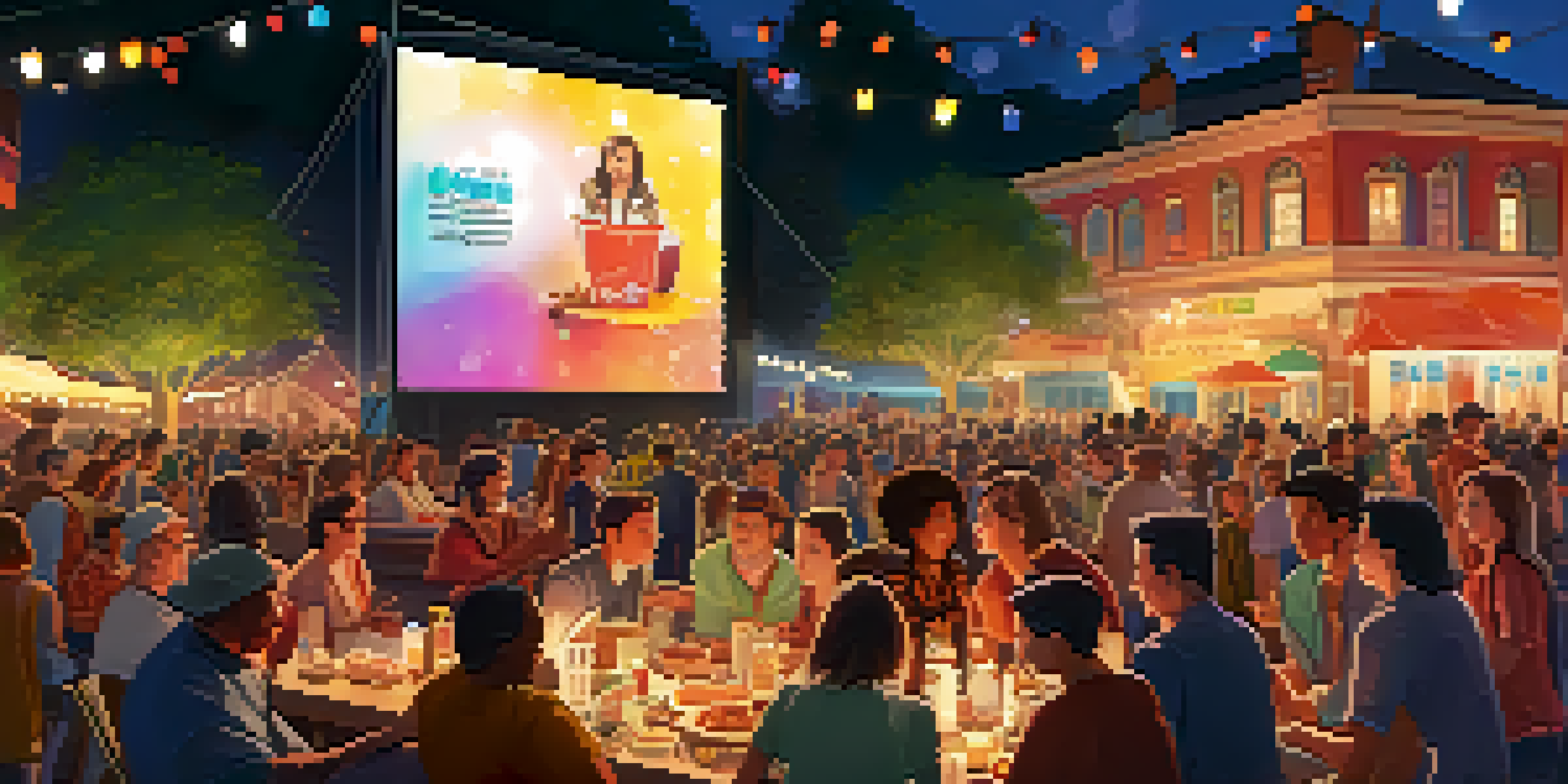 A lively film festival at dusk with a diverse crowd watching an outdoor film screening surrounded by colorful lights and food stalls.