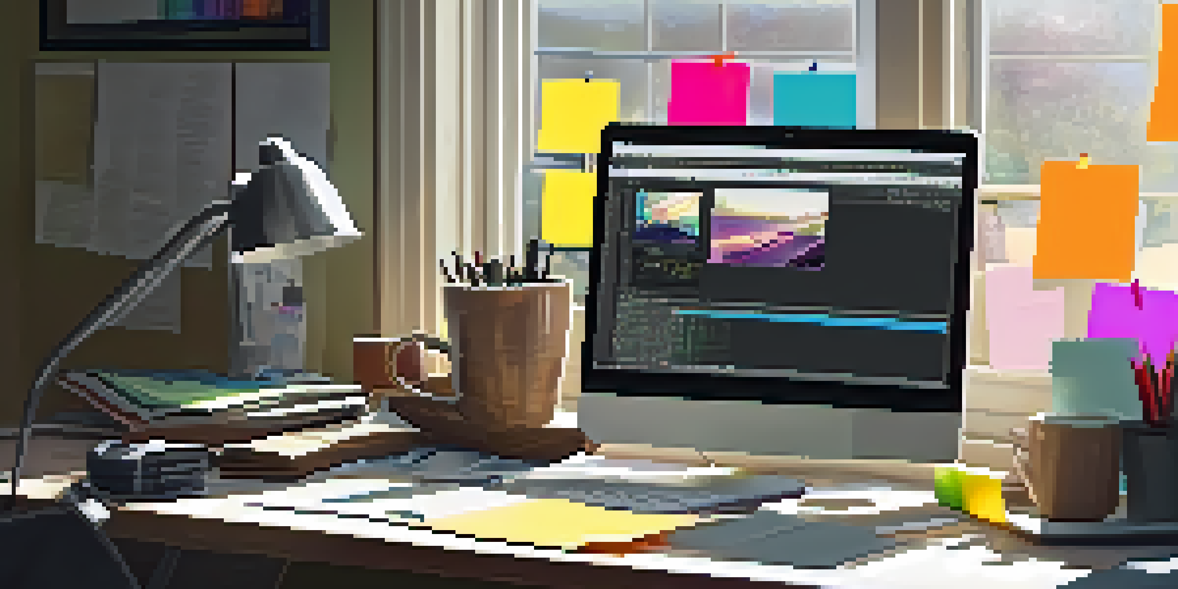A bright and organized film editing workspace with a computer displaying video editing software, colorful sticky notes, and a coffee cup, illuminated by sunlight.