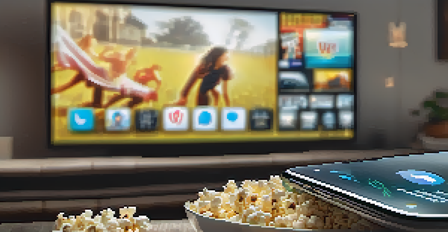 A smartphone showing a vibrant social media feed with movie trailers and comments in a cozy living room.