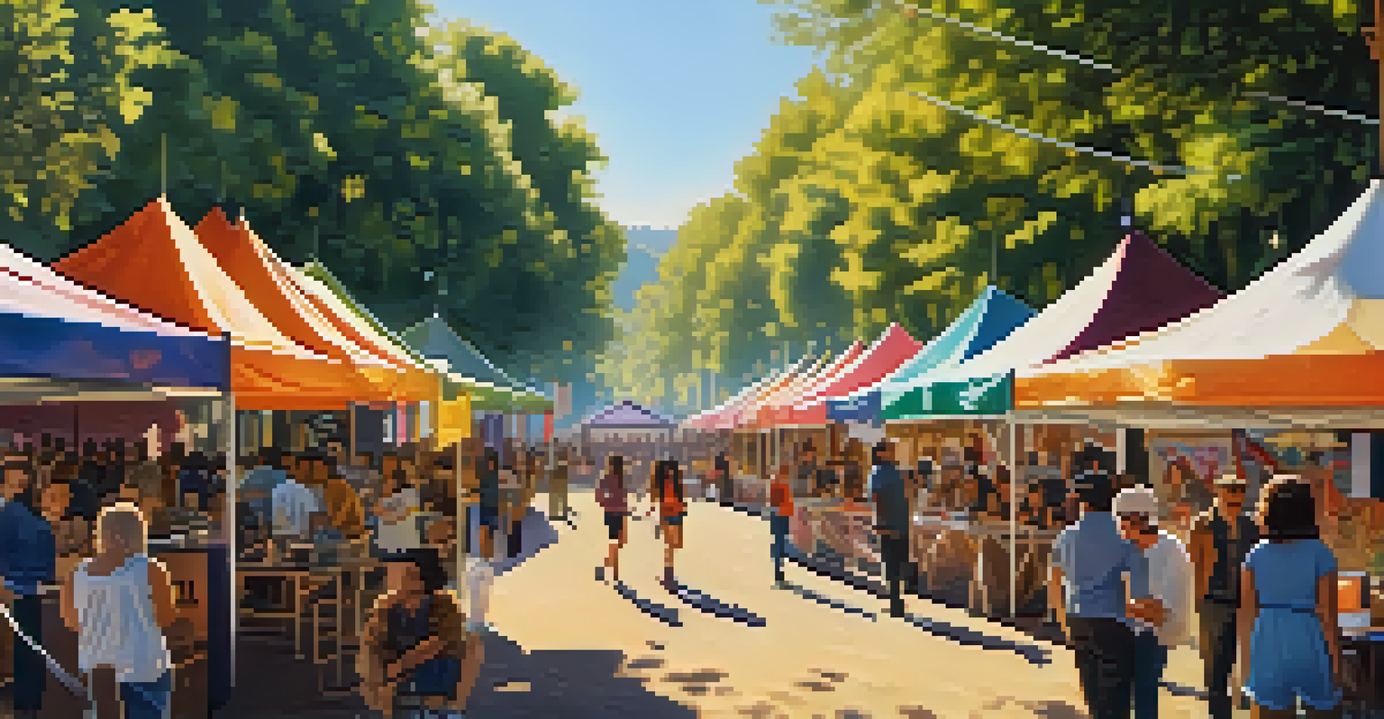 An outdoor film festival with colorful tents and banners, where people are engaging in discussions about diverse films.