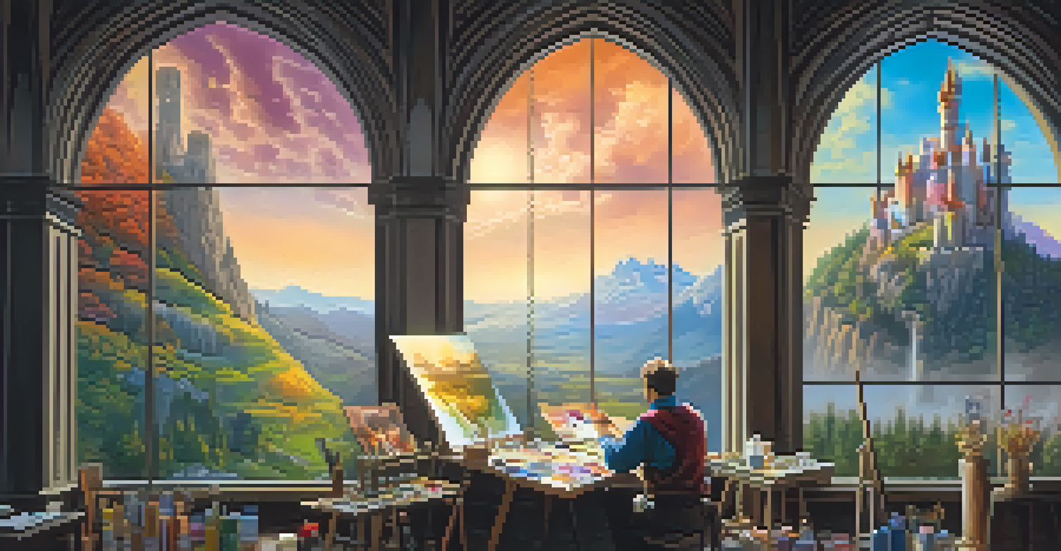 An artist creating a matte painting of a fantasy landscape, surrounded by colorful paints, illuminated by natural light.