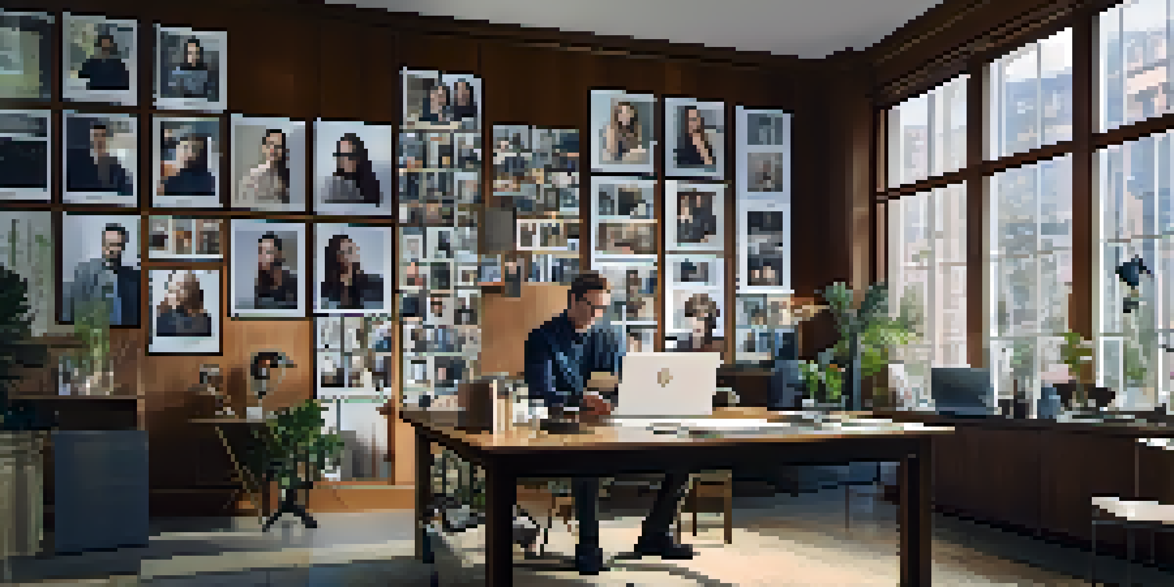 A casting director in an office reviewing an audition tape with a mood board of diverse actors on the wall.