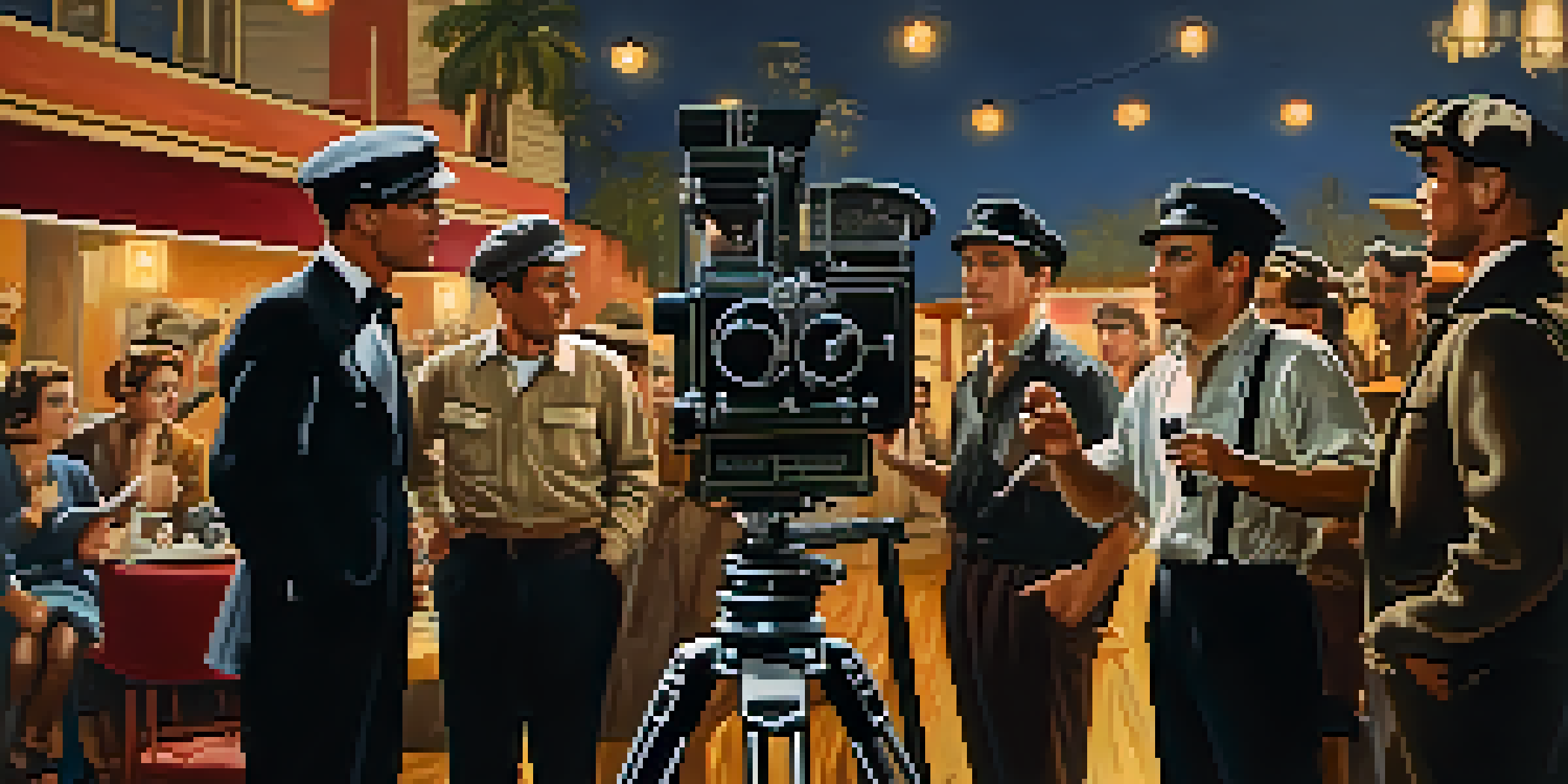 A classic film set from the 1950s with a director, actors, and a vintage camera.