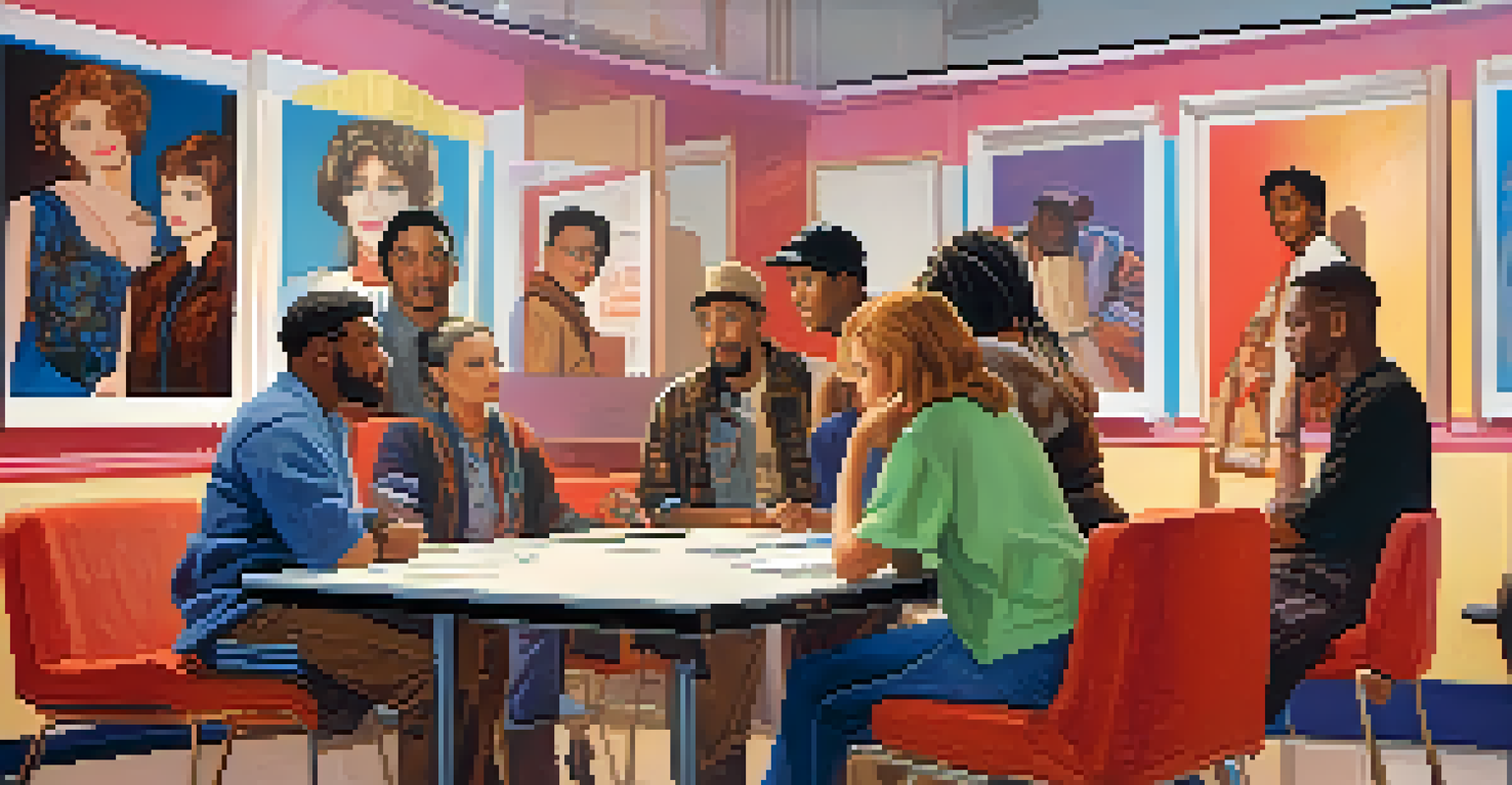 A diverse group of actors performing a scene in a bright audition room, with a casting director observing.