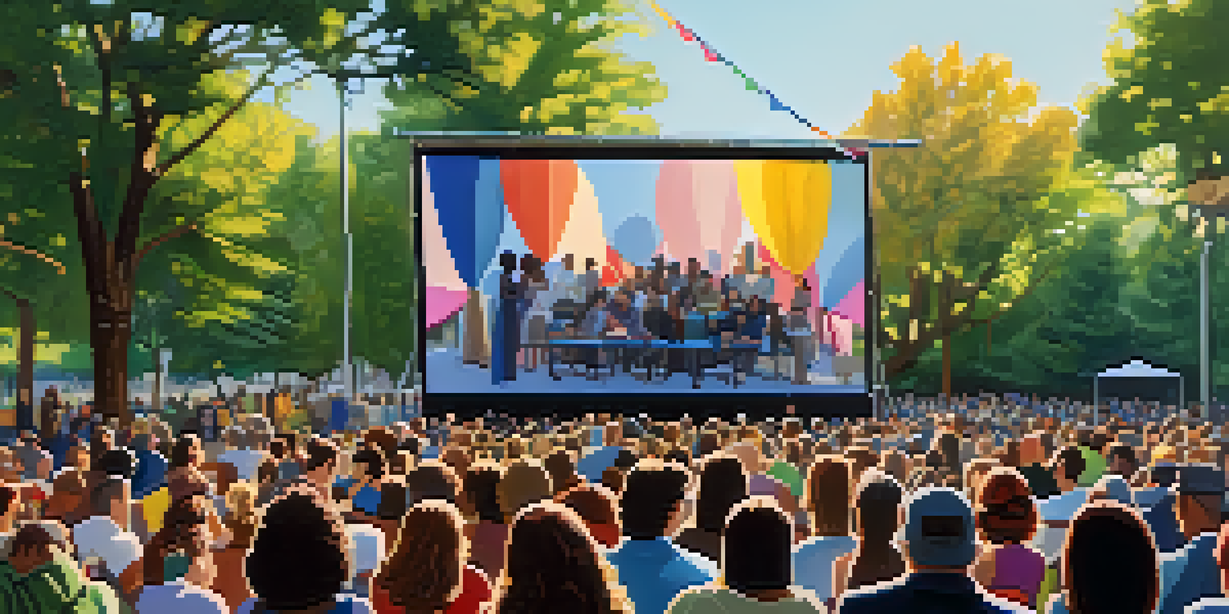 A lively outdoor film festival with filmmakers of diverse backgrounds presenting their work, surrounded by engaged attendees and colorful banners.
