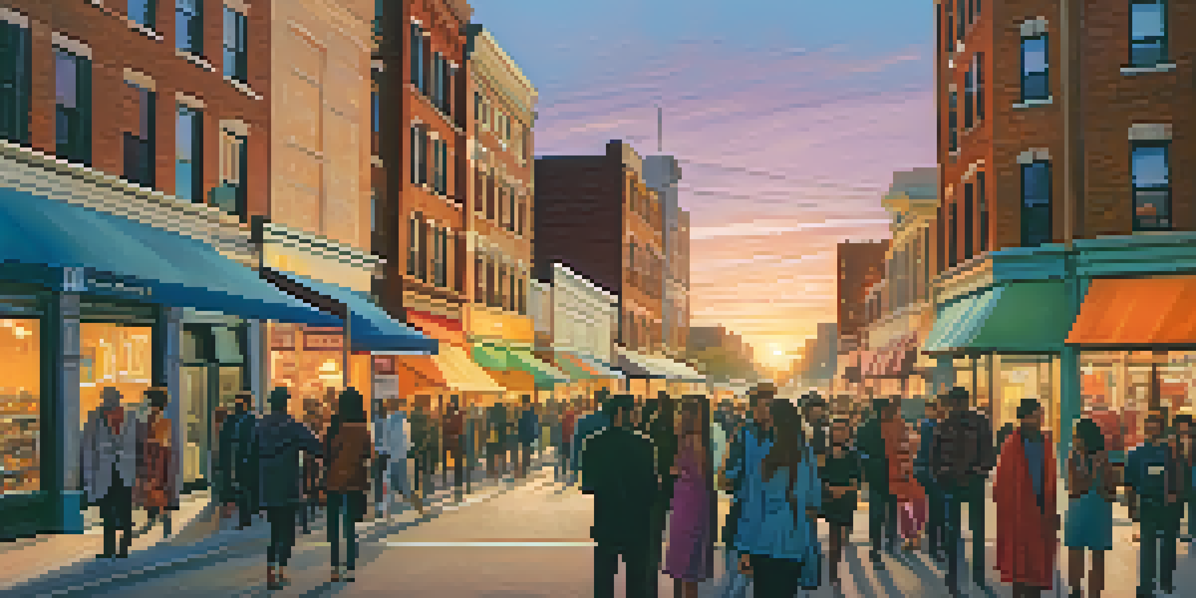 A lively urban scene at sunset with diverse individuals interacting on a busy street filled with colorful shops.
