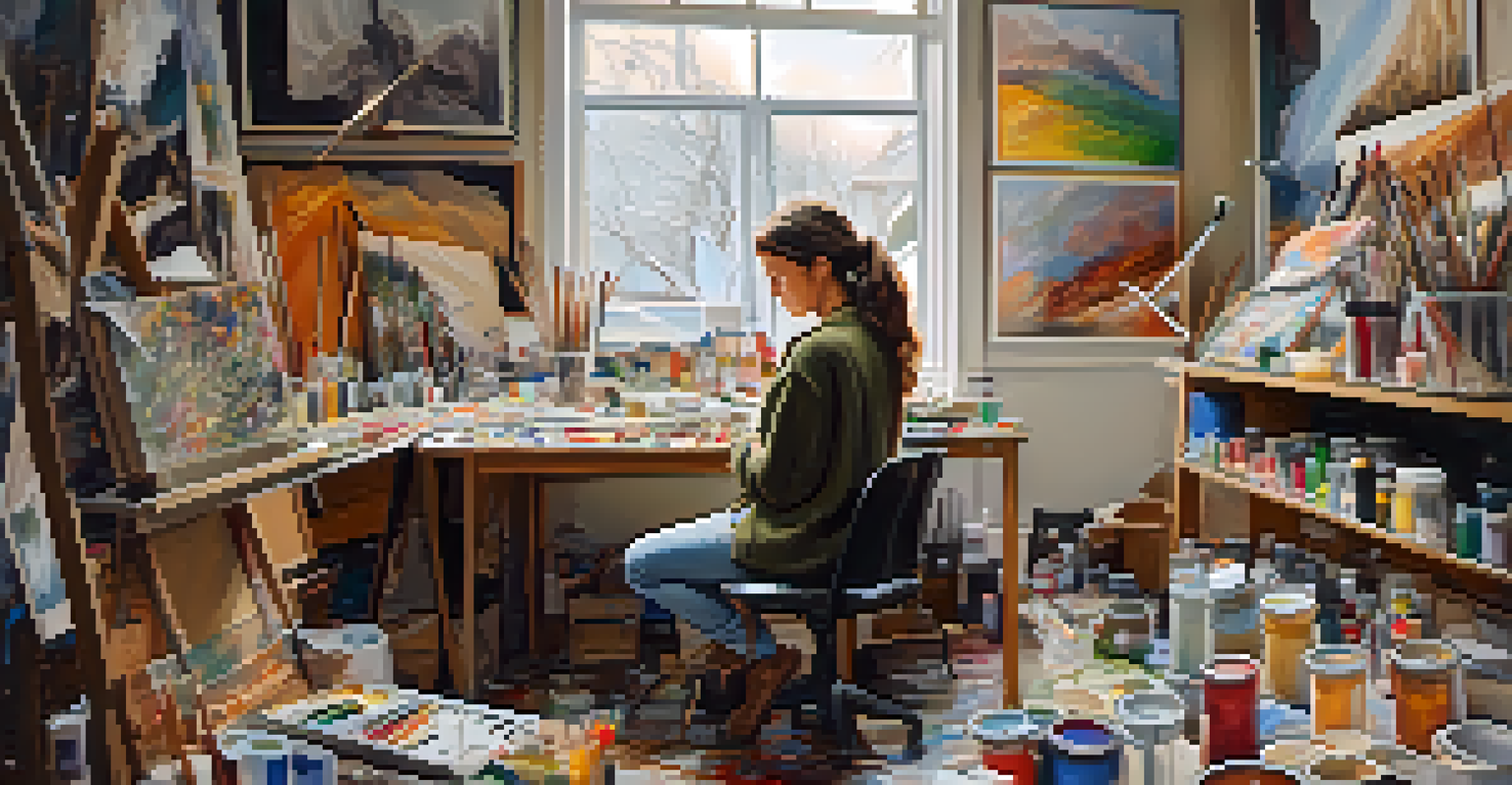 A struggling artist in a cluttered studio, painting with a focused expression, surrounded by art supplies and half-finished paintings, illuminated by warm light.