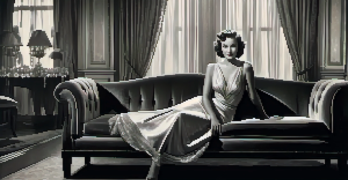 A glamorous Hollywood actress from the 1940s, sitting on a velvet sofa, wearing an evening gown, with soft lighting and an ornate chandelier.