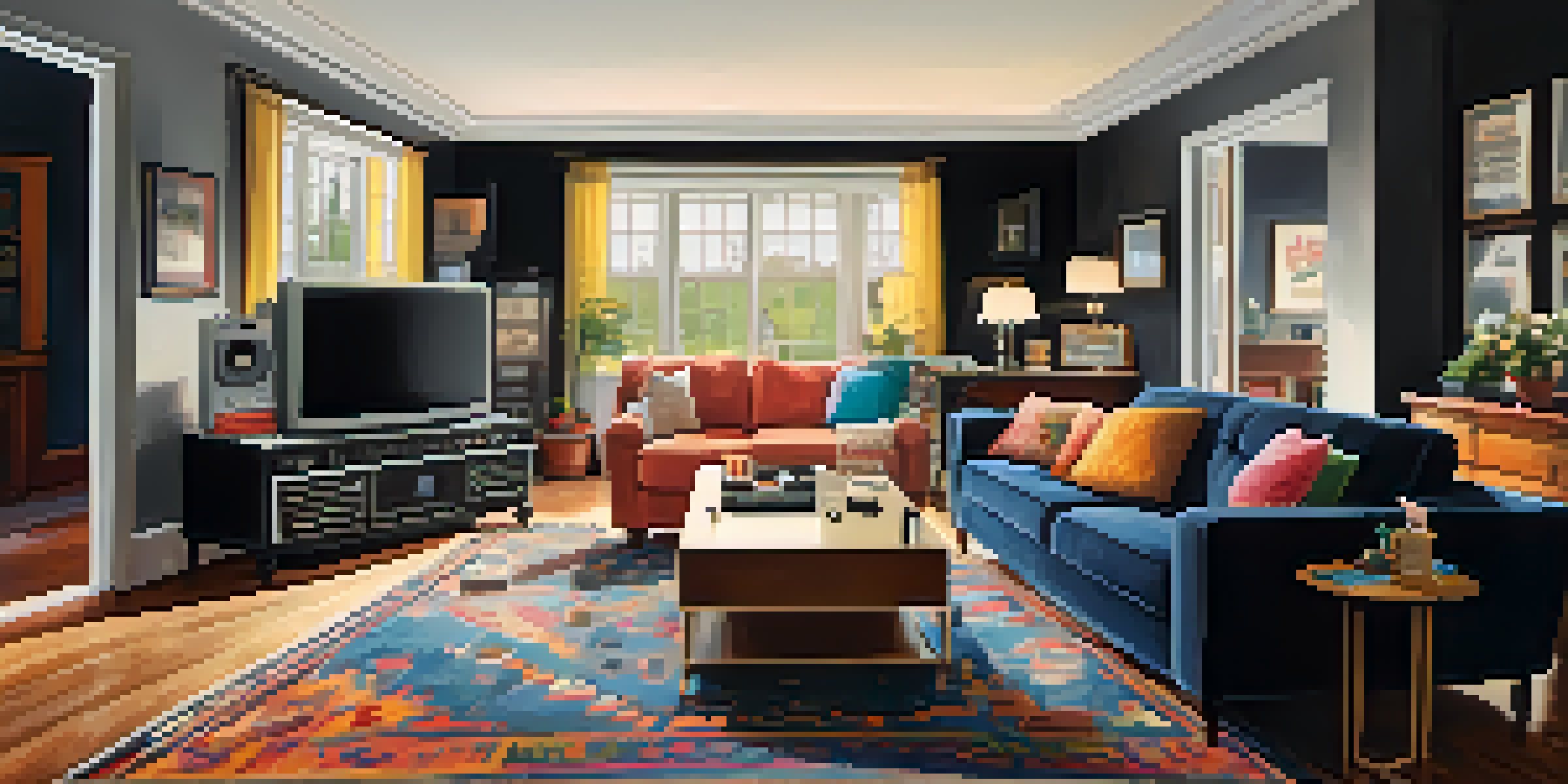 A warm living room with a vintage TV showing a classic film, where a grandparent and grandchild sit together on a sofa, sharing popcorn and enjoying the movie.